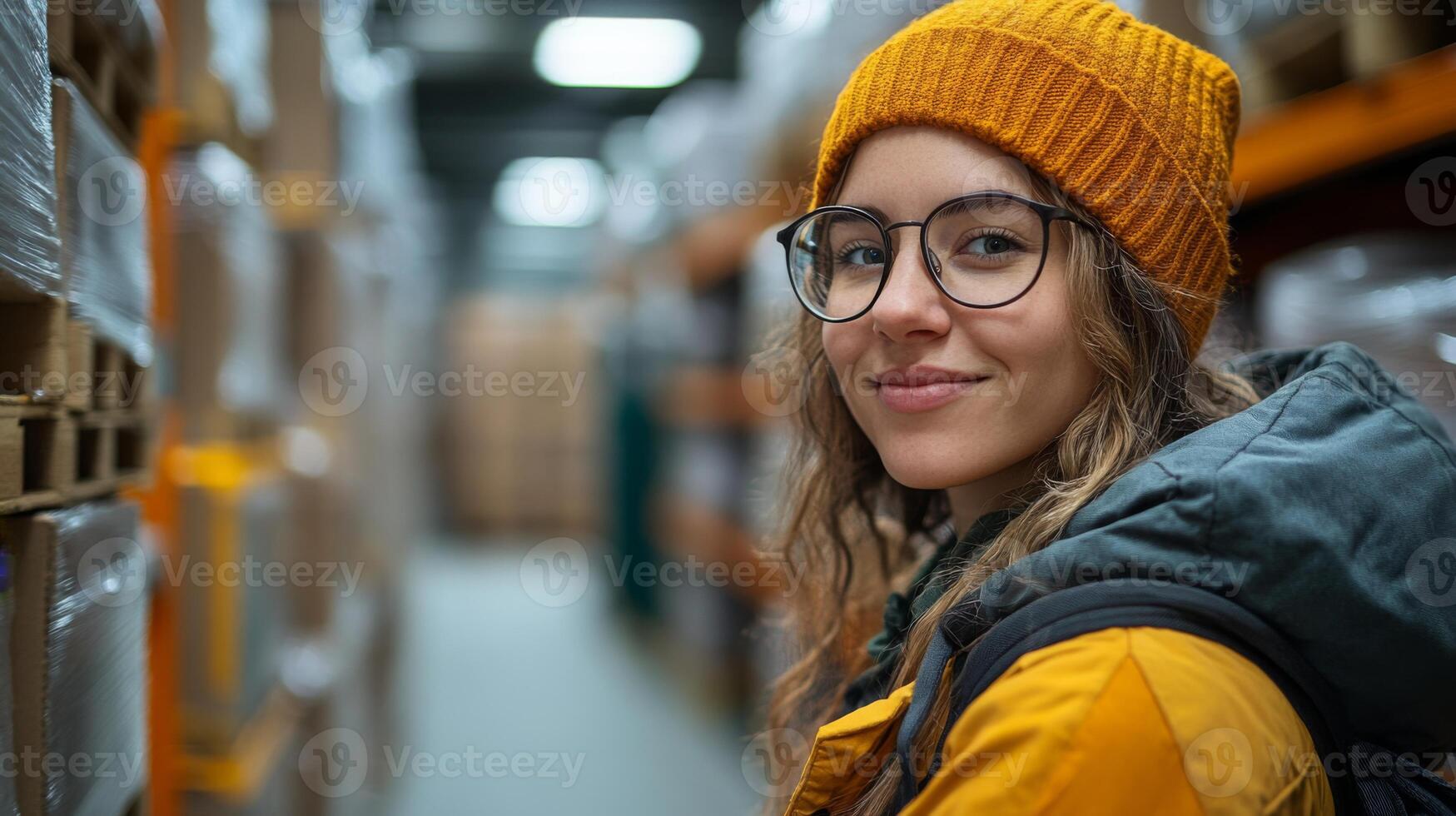 A logistics worker stands among rows of shelves stacked with cargo and packages in a large warehouse, smiling and ready to take on inventory tasks. photo