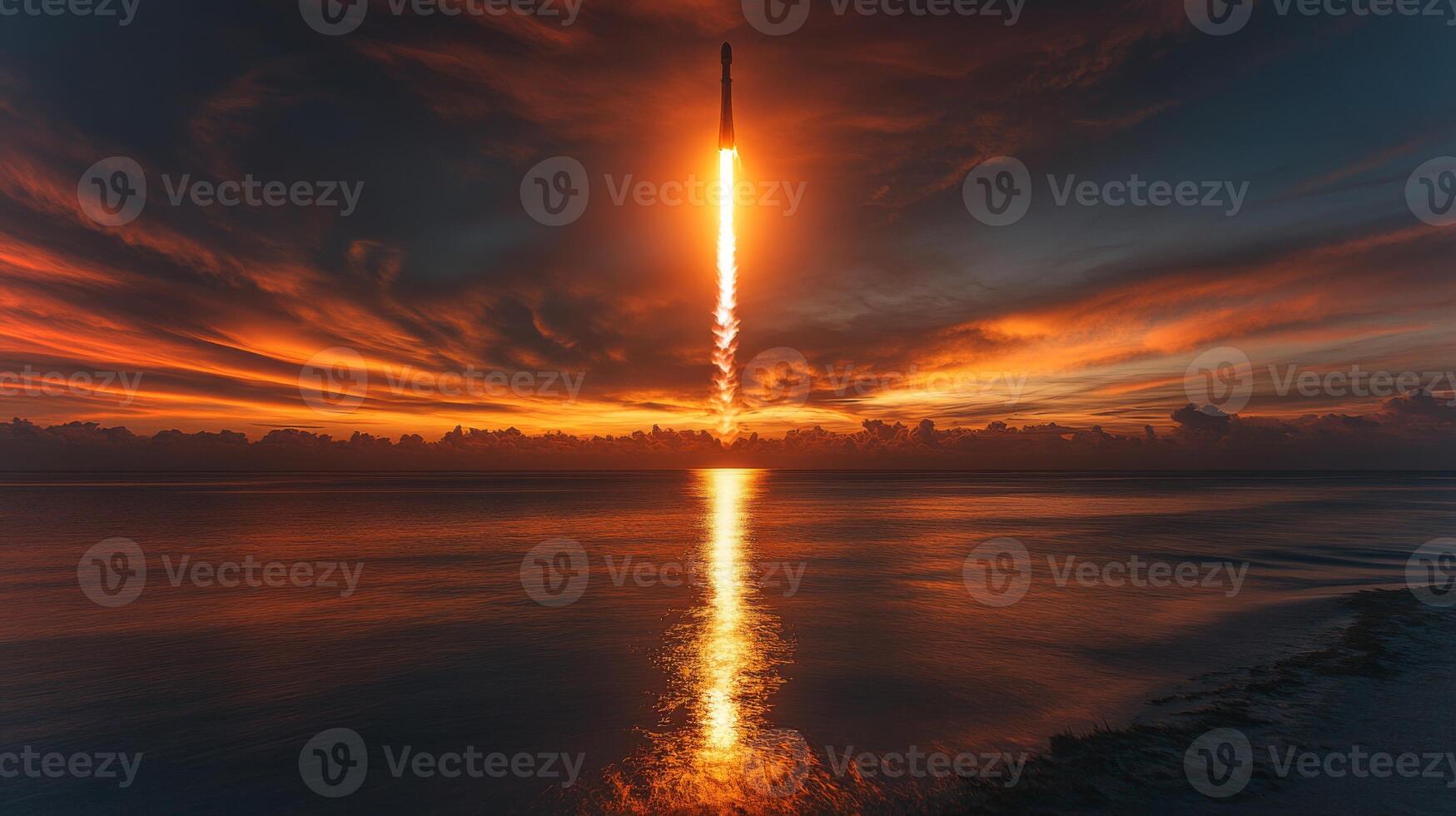 A stunning rocket launches from a coastal site at sunset, reflecting a brilliant glow on the calm water below, marking a significant moment in space exploration. photo