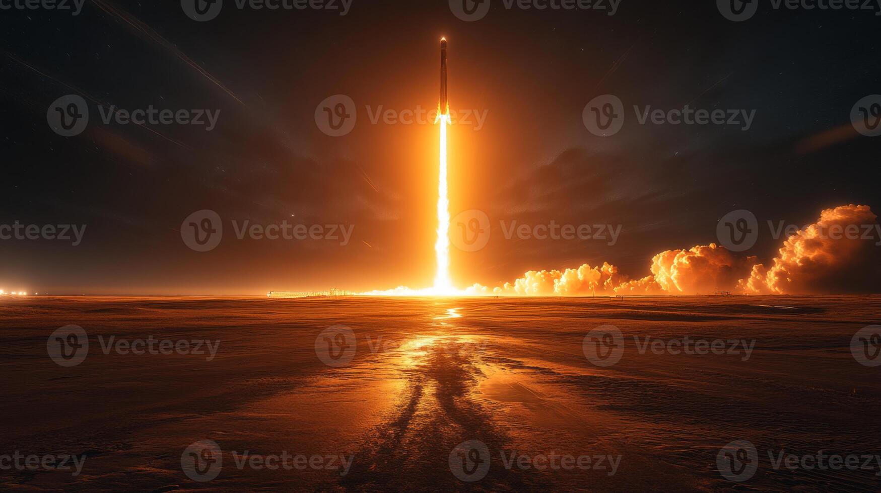 Bright flames erupt from the rocket as it soars into the night sky. The powerful launch demonstrates advanced aerospace technology and the achievements of modern spaceflight. photo