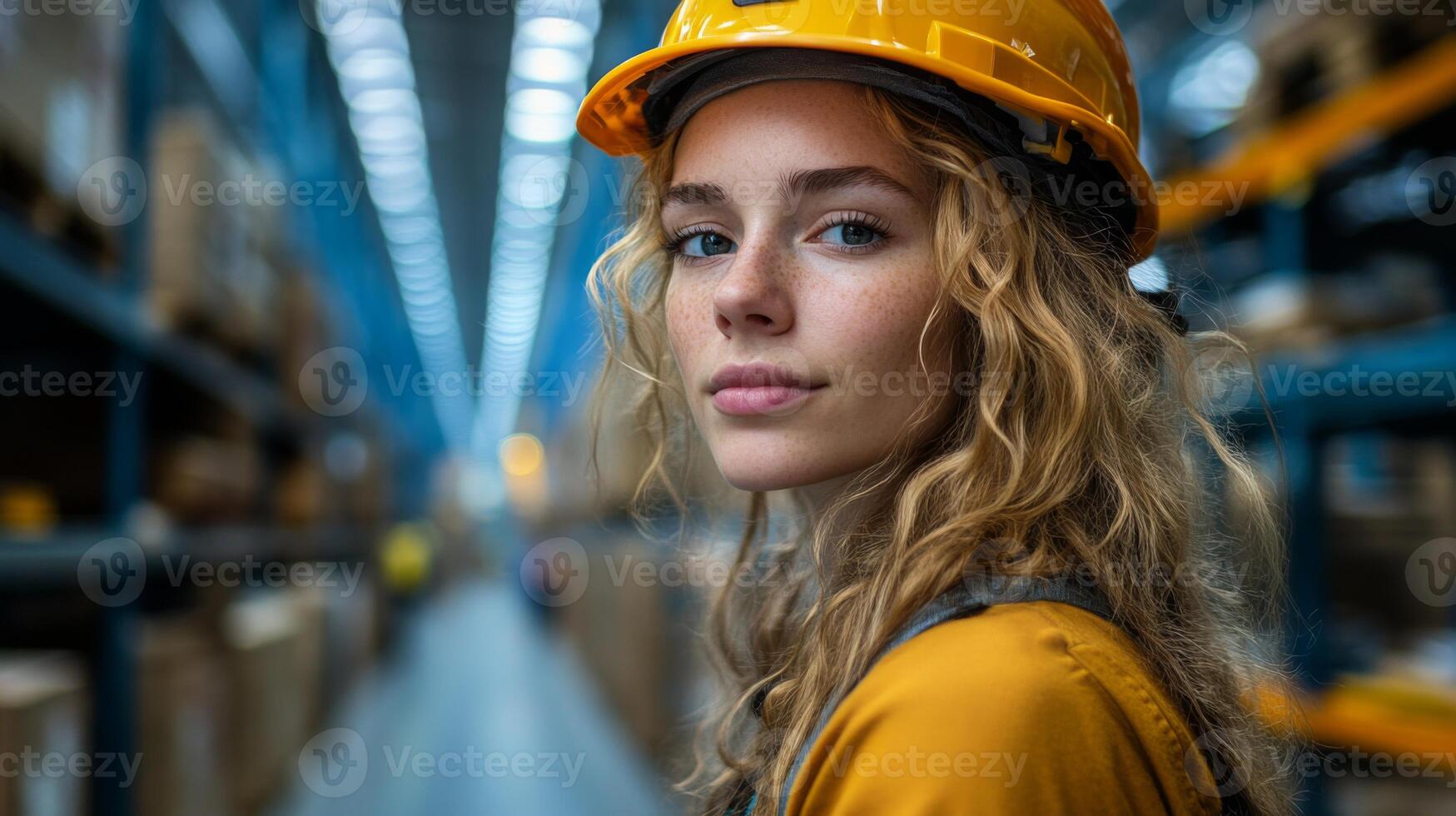 A young woman wearing a hard hat and work attire stands in a spacious warehouse, surrounded by shelves full of boxes, focused on her task in a vibrant logistics environment. photo