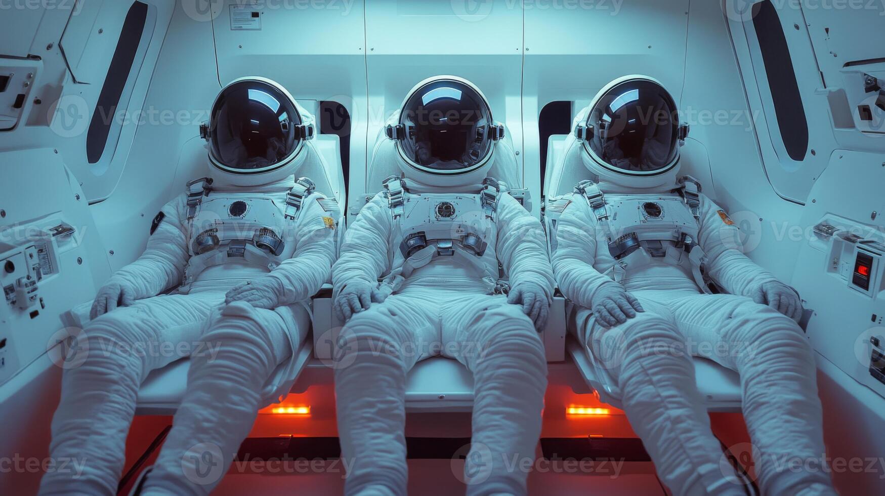 Three astronauts are seated in a futuristic spacecraft, equipped with advanced instruments and safety features, as they gear up for a mission into space involving propulsion and landing techniques. photo