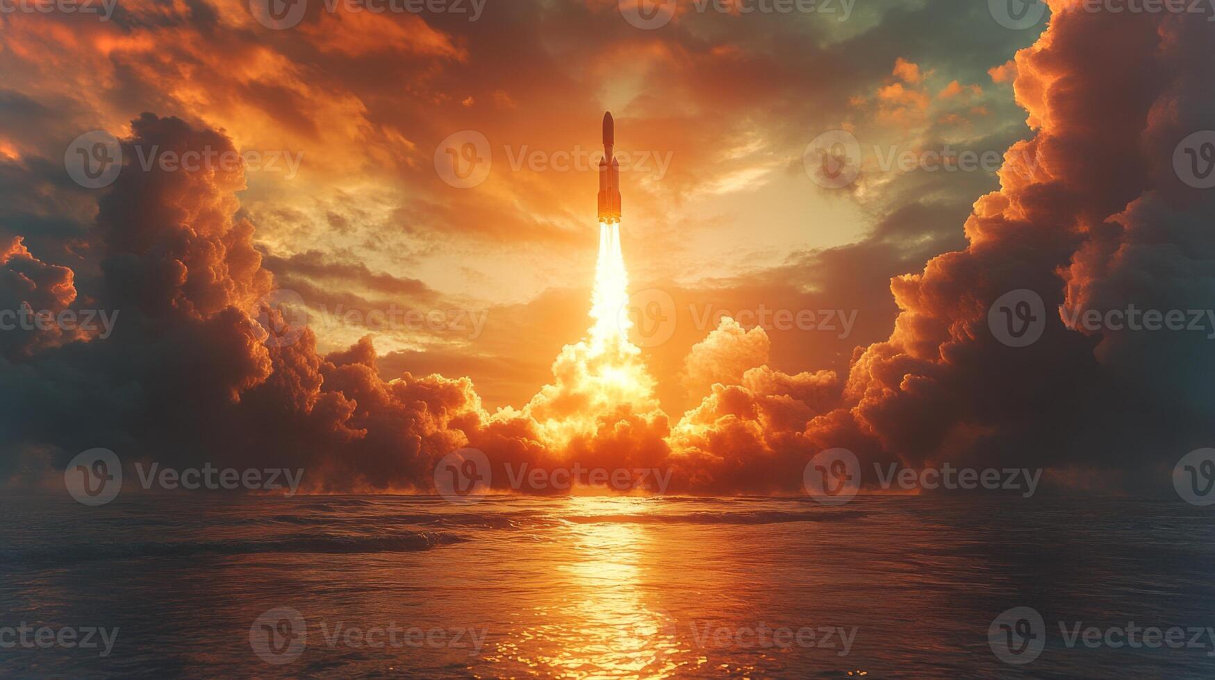 A rocket lifts off into the evening sky, leaving a trail of fire and smoke amidst vibrant clouds. The stunning sunset creates a dramatic backdrop as it ascends into space. photo