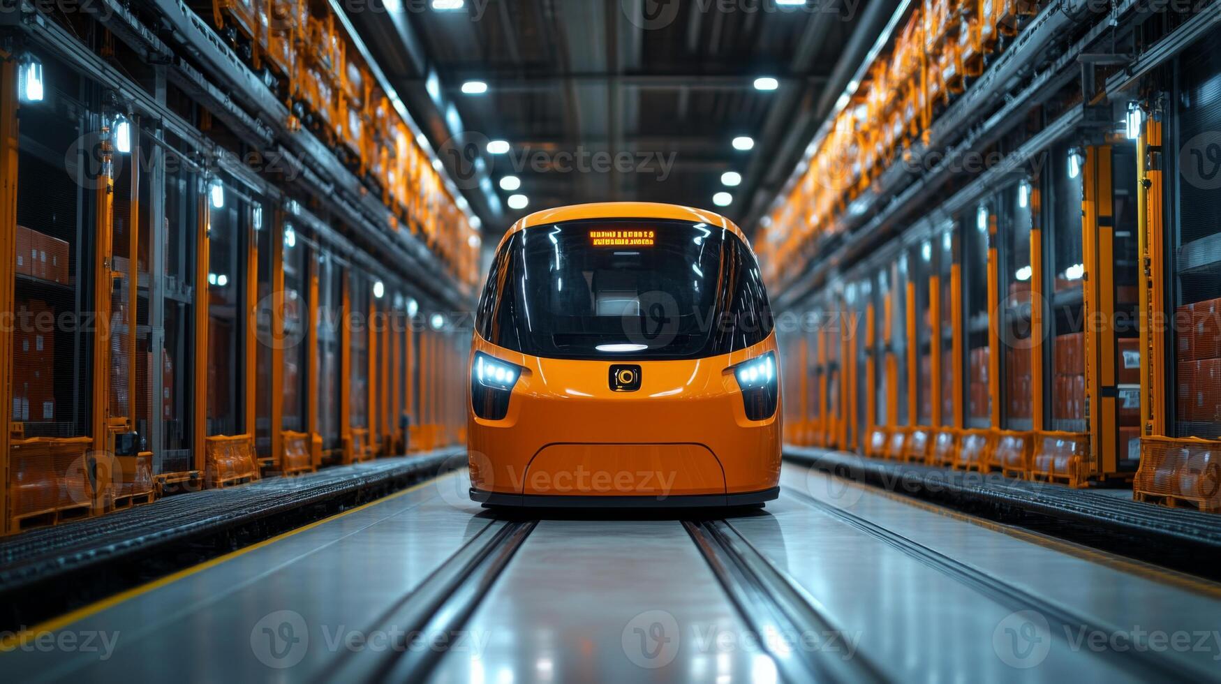 An automated transport vehicle navigates through the aisles of a high tech warehouse, enhancing logistics and fulfillment operations by managing inventory efficiently. photo