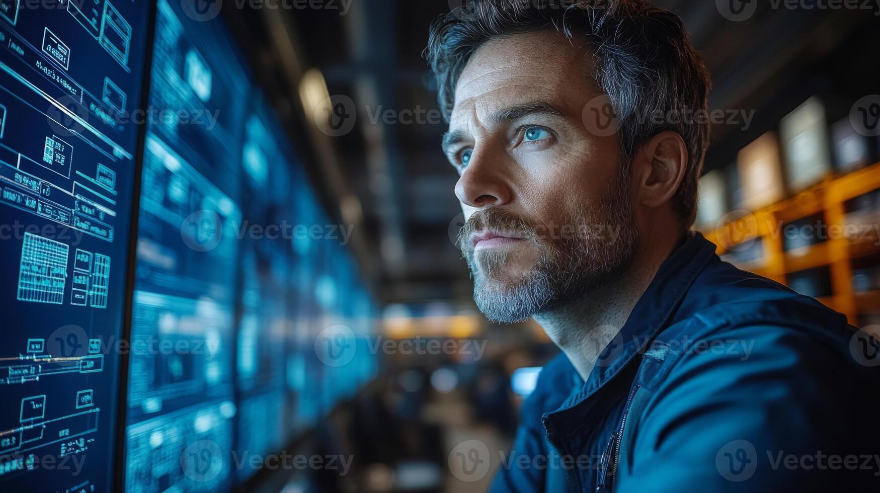 A worker analyzes real time data on multiple screens in a busy logistics facility. The environment is high tech and focused on efficient inventory tracking and cargo management. photo