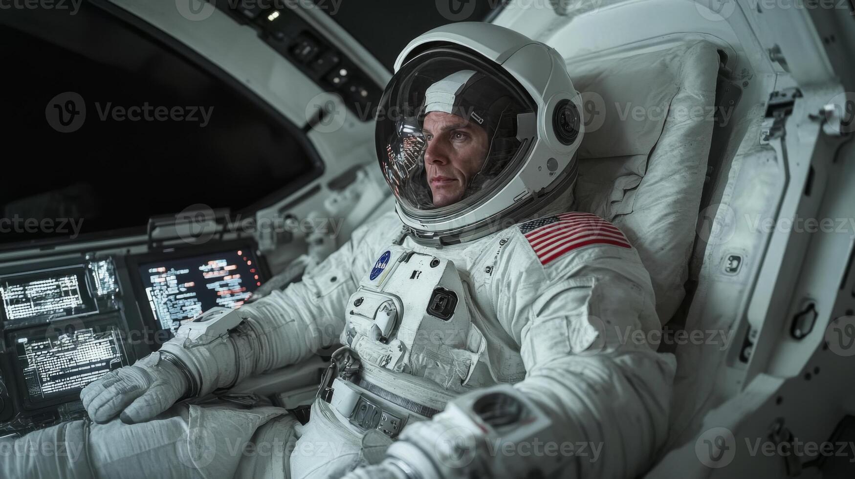 Astronaut sits in the cockpit, equipped with advanced controls and displays, preparing for a spaceflight mission while in full suit. Focus is on mission readiness and safety procedures. photo