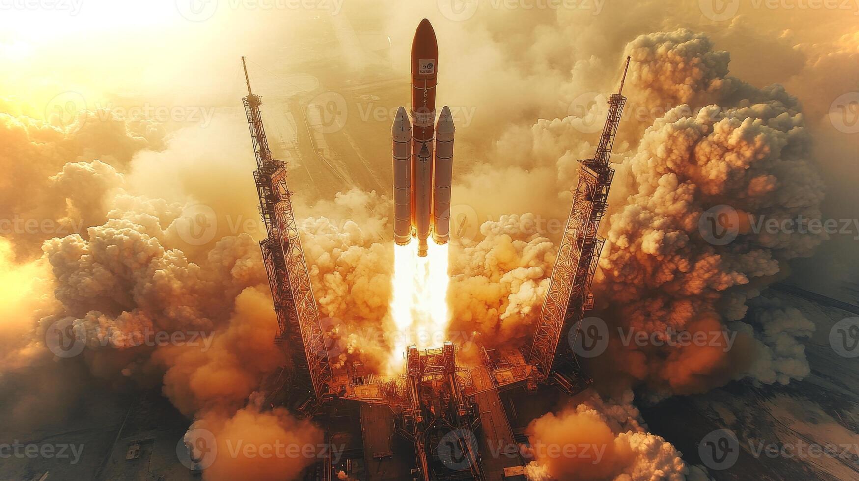 Rocket lifts off from the launch pad amid massive clouds of smoke and fire, demonstrating cutting edge propulsion technology during an exciting aerospace event in early evening. photo