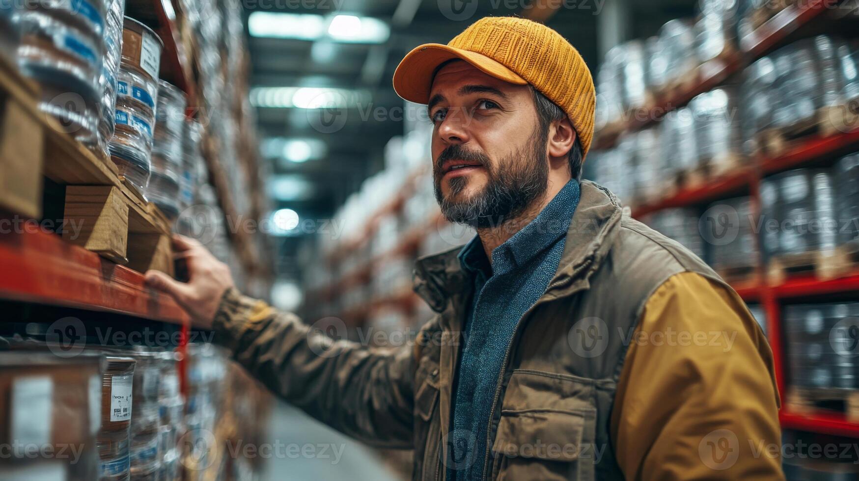 A man in a knit cap inspects stock in a warehouse, carefully assessing inventory on shelves filled with cargo containers. The facility is busy, highlighting the logistics operations. photo