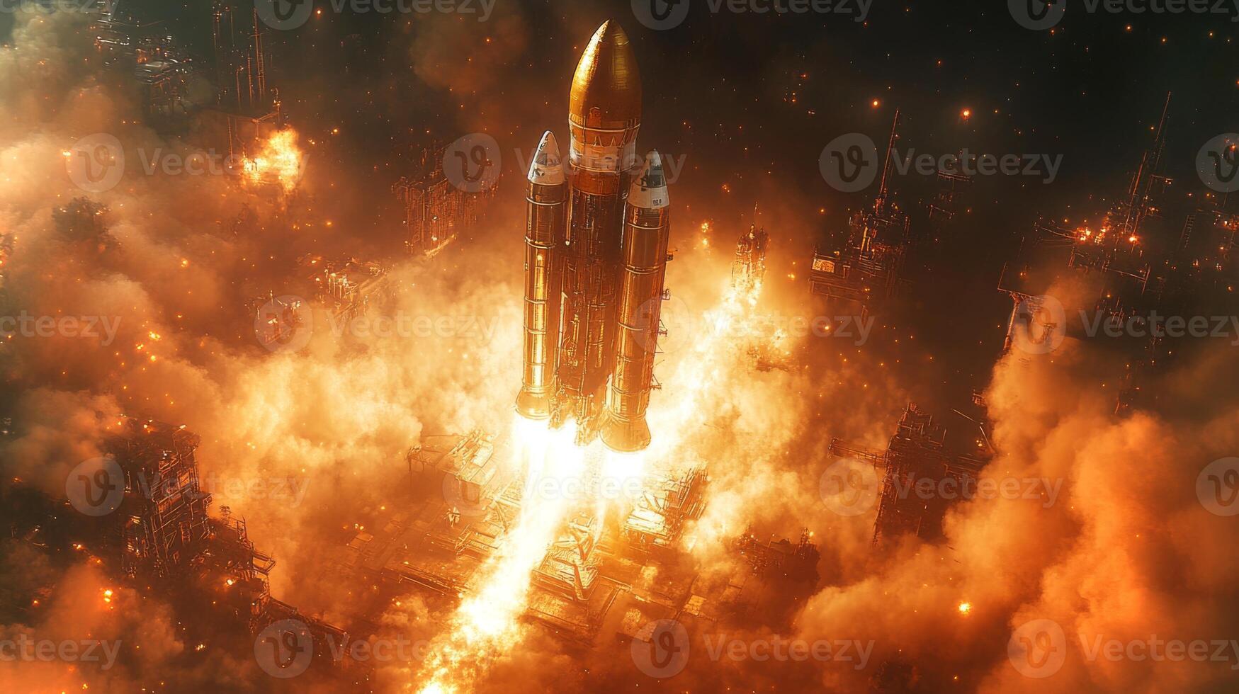 A powerful rocket is lifting off from a launch pad as flames and smoke erupt from its engines, illustrating the intense force of propulsion during a spaceflight launch event under night skies. photo