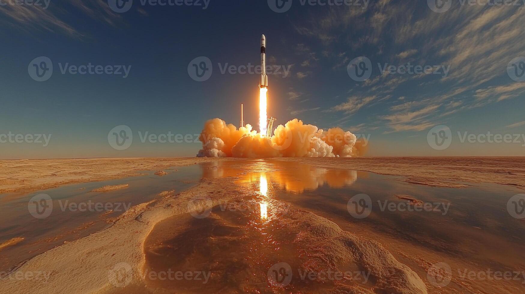 A rocket lifts off from a barren landscape, producing a massive plume of smoke and fire as it ascends towards the sky, showcasing advancements in aerospace engineering and space exploration. photo
