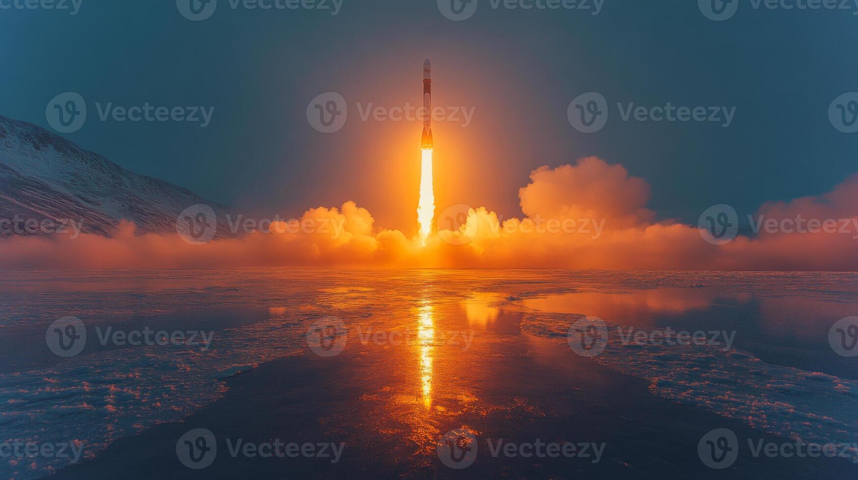 A rocket is lifting off from its launch pad during twilight, with bright flames and smoke trailing behind. The reflection of the launch is visible on the frozen surface of the water. photo