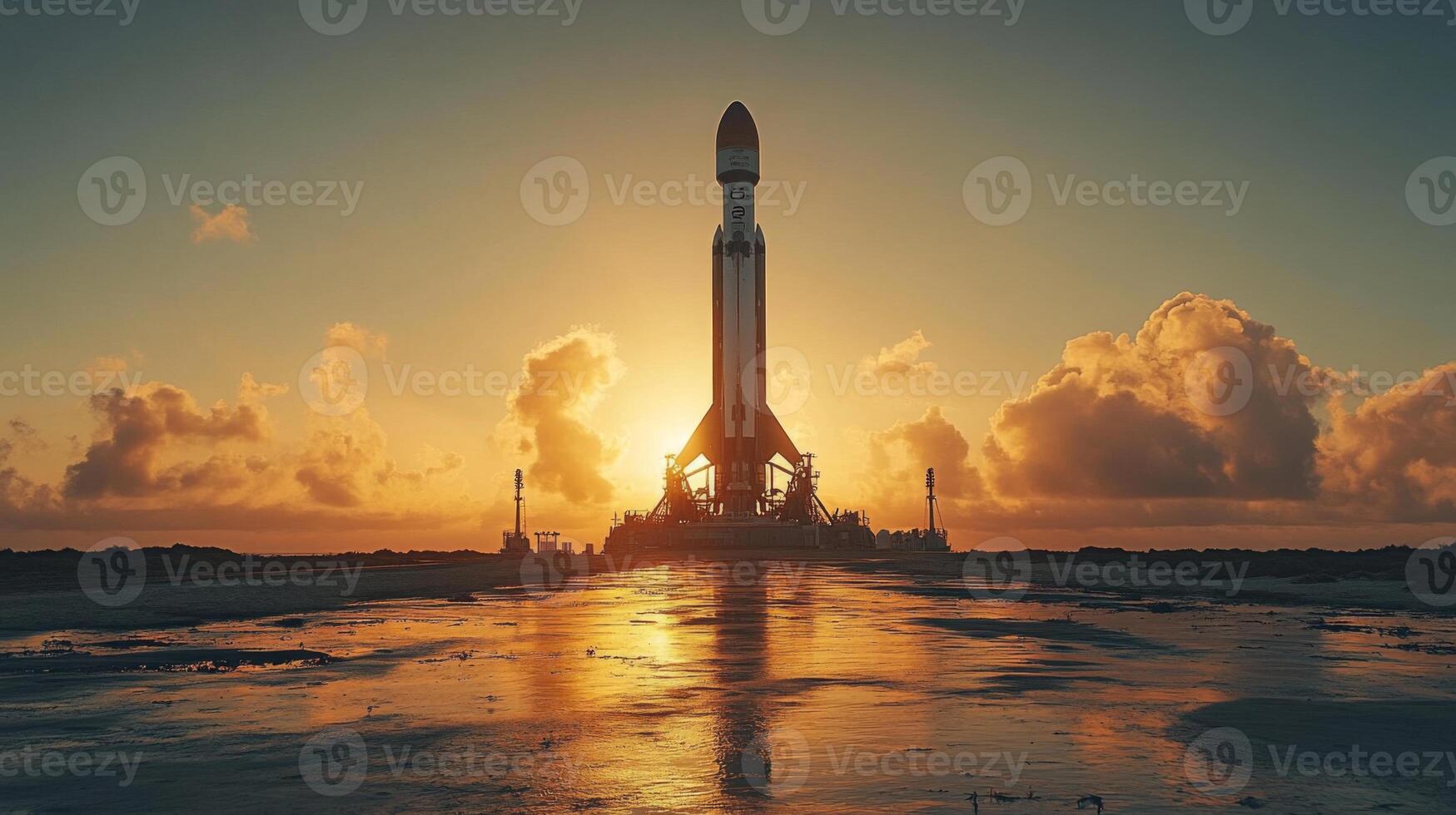 Rocket stands tall on the launchpad as the sun sets, illuminating the clouds with a warm glow while highlighting the advancements in spaceflight and recovery systems. photo