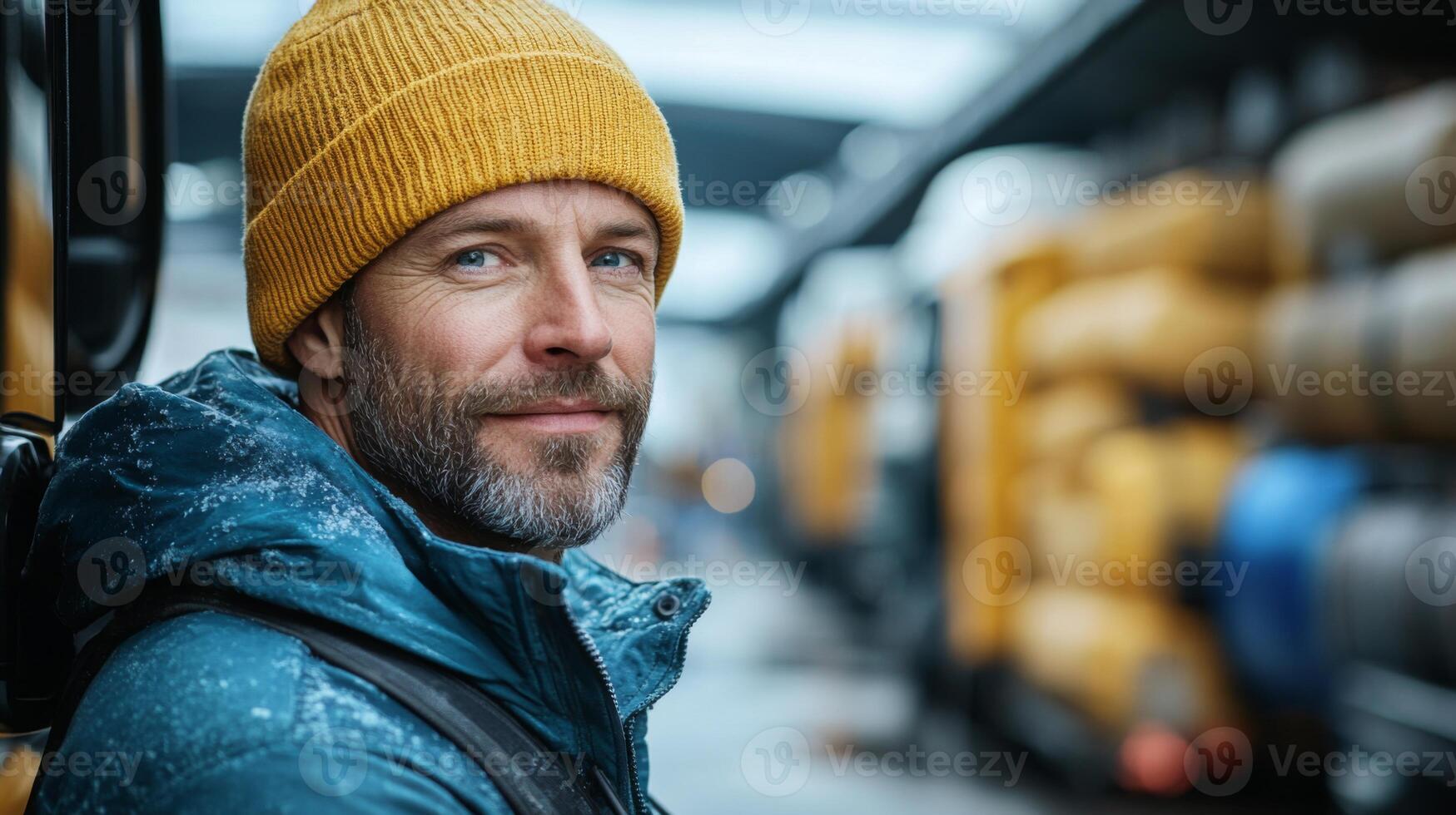 A logistics professional wearing a warm hat and coat rests against a truck, looking content in a bustling warehouse filled with meticulously arranged storage and sorting areas. photo