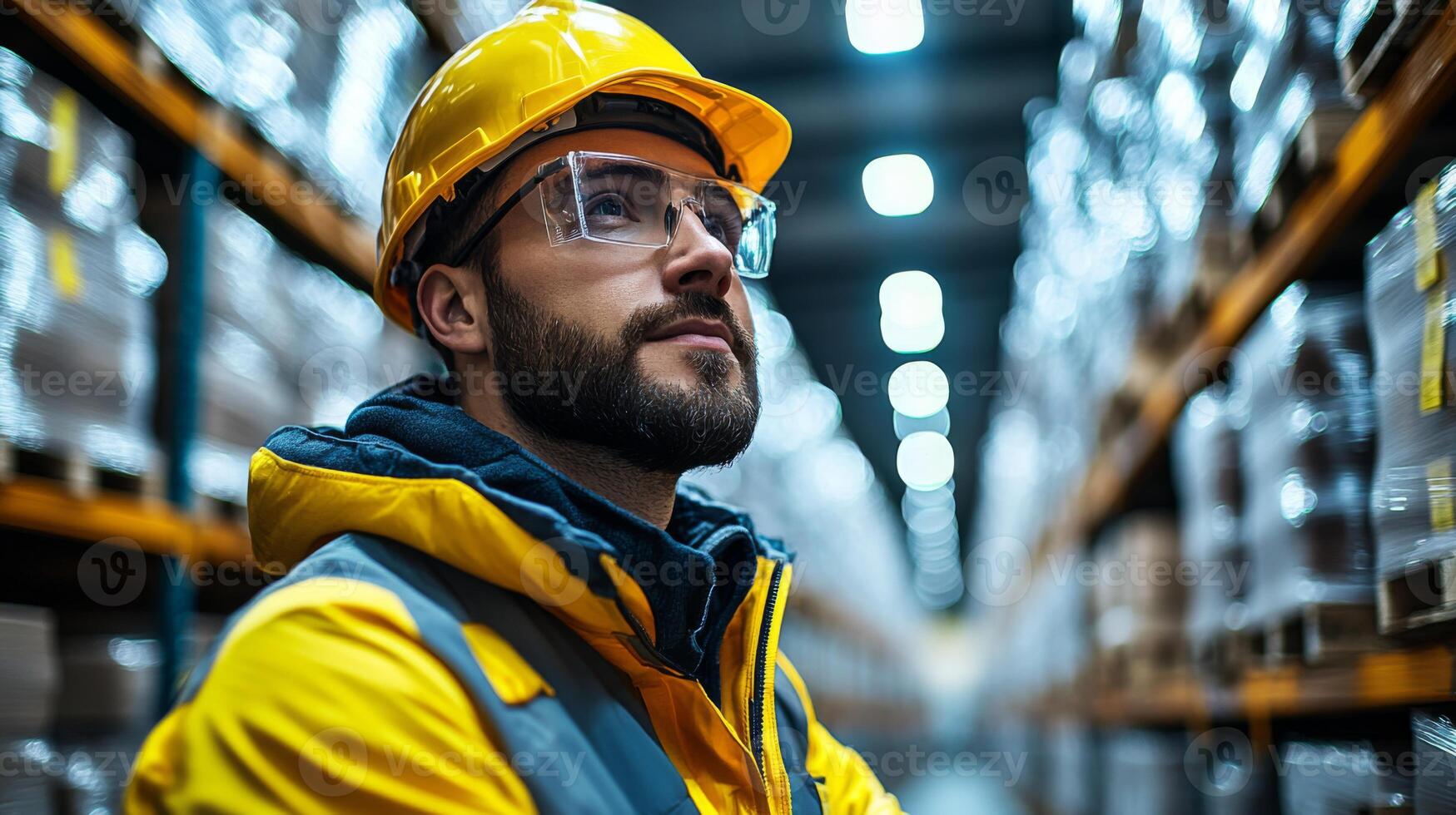 A logistics expert wearing safety gear evaluates the inventory and organization of goods inside a busy warehouse. The environment is well illuminated with shelves stacked high. photo