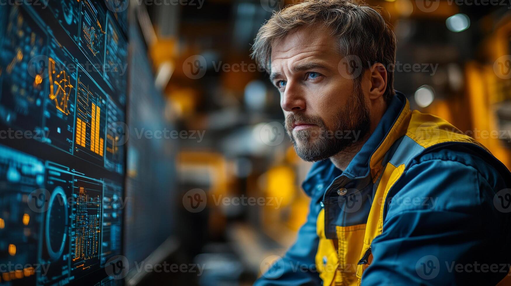 A logistics expert reviews critical inventory information on a high tech display within a busy warehouse environment focused on efficient distribution and shipping operations. photo