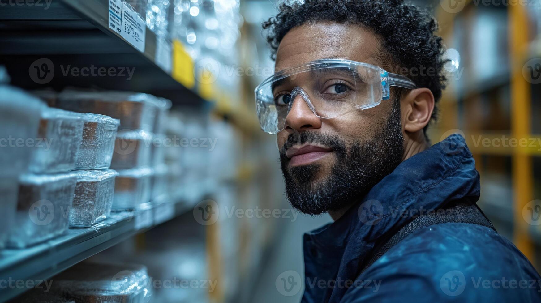 A logistics worker wearing safety goggles is carefully inspecting and organizing inventory on the shelves in a bustling distribution warehouse environment while sunlight streams in. photo