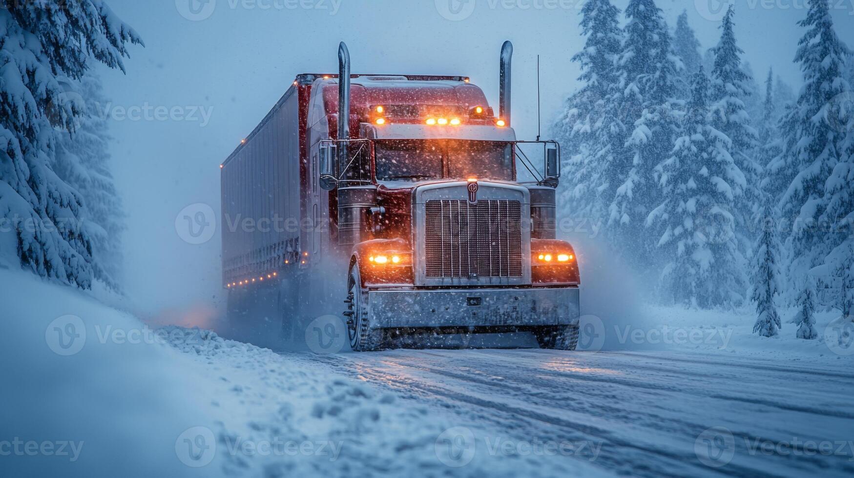 A large truck drives through a snowy landscape, battling poor visibility and slippery roads. The scene showcases the complexities of freight operations during winter months. photo