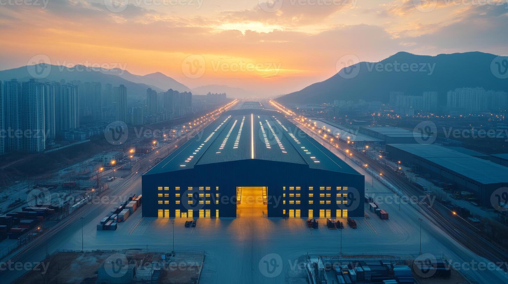 A large, illuminated warehouse stands in a logistics distribution hub at sunset. photo