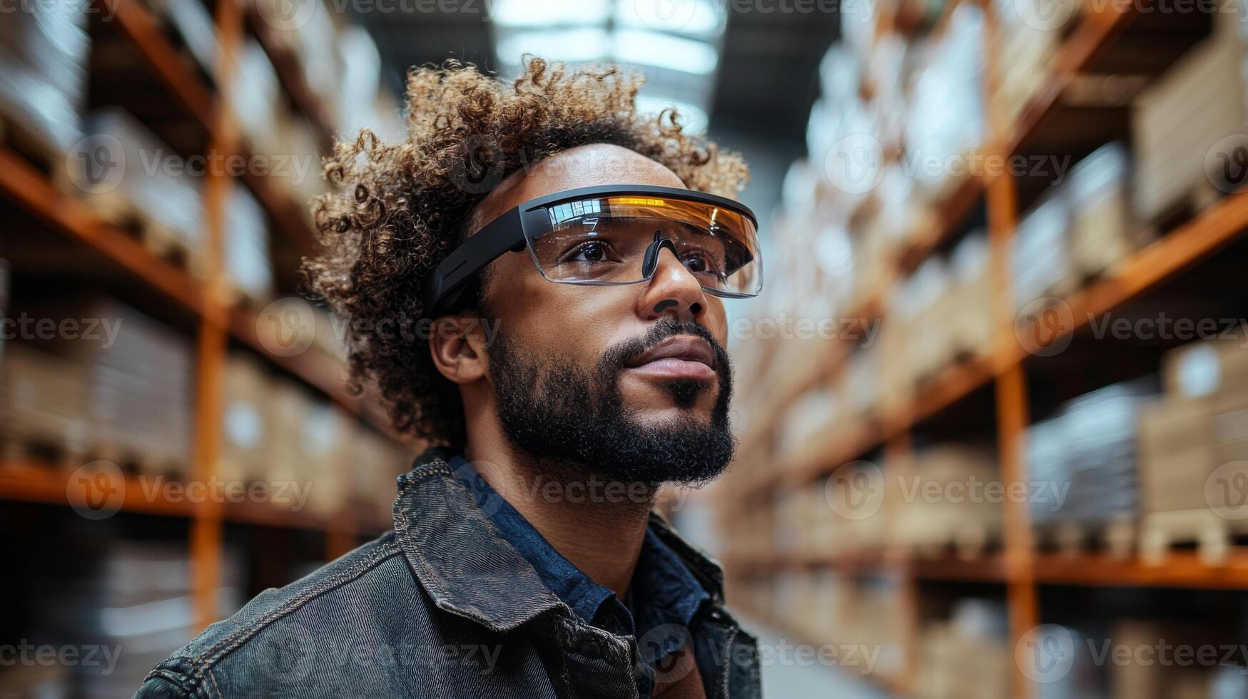 A worker wears augmented reality glasses to enhance efficiency while overseeing inventory in a bustling warehouse filled with shelves of stock and goods. photo
