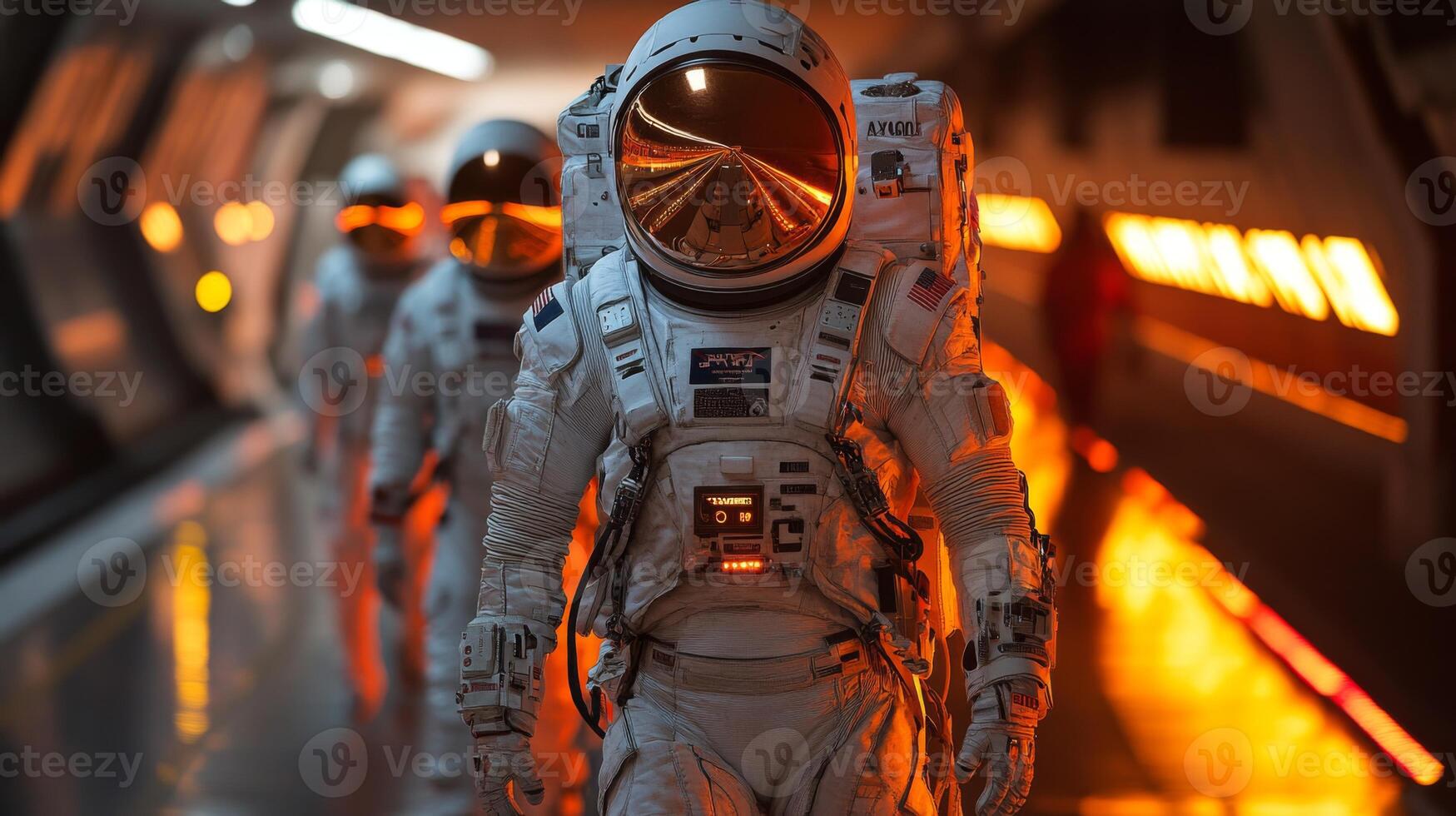 A group of astronauts walks purposefully down a corridor illuminated by orange lights, gearing up for an upcoming space mission that showcases human ingenuity in aerospace advancements. photo