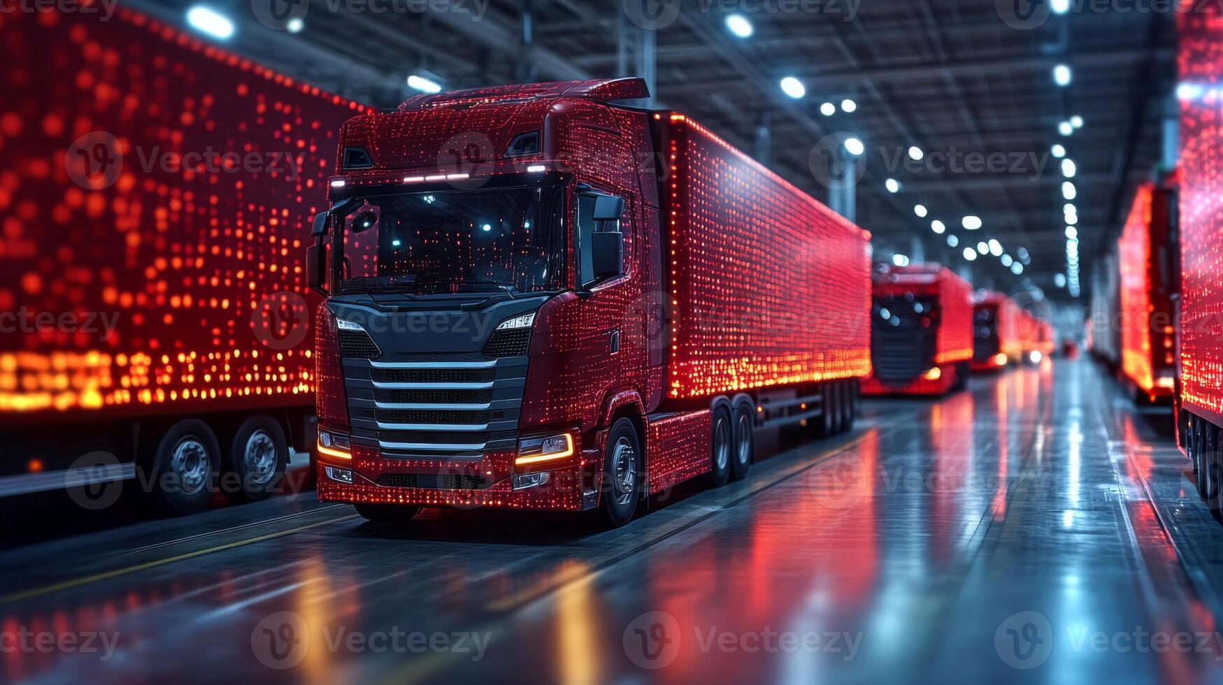 Multiple bright red trucks are parked inside a spacious warehouse, preparing for distribution. The facility is bustling with activity, showcasing a focus on efficient logistics and transport. photo