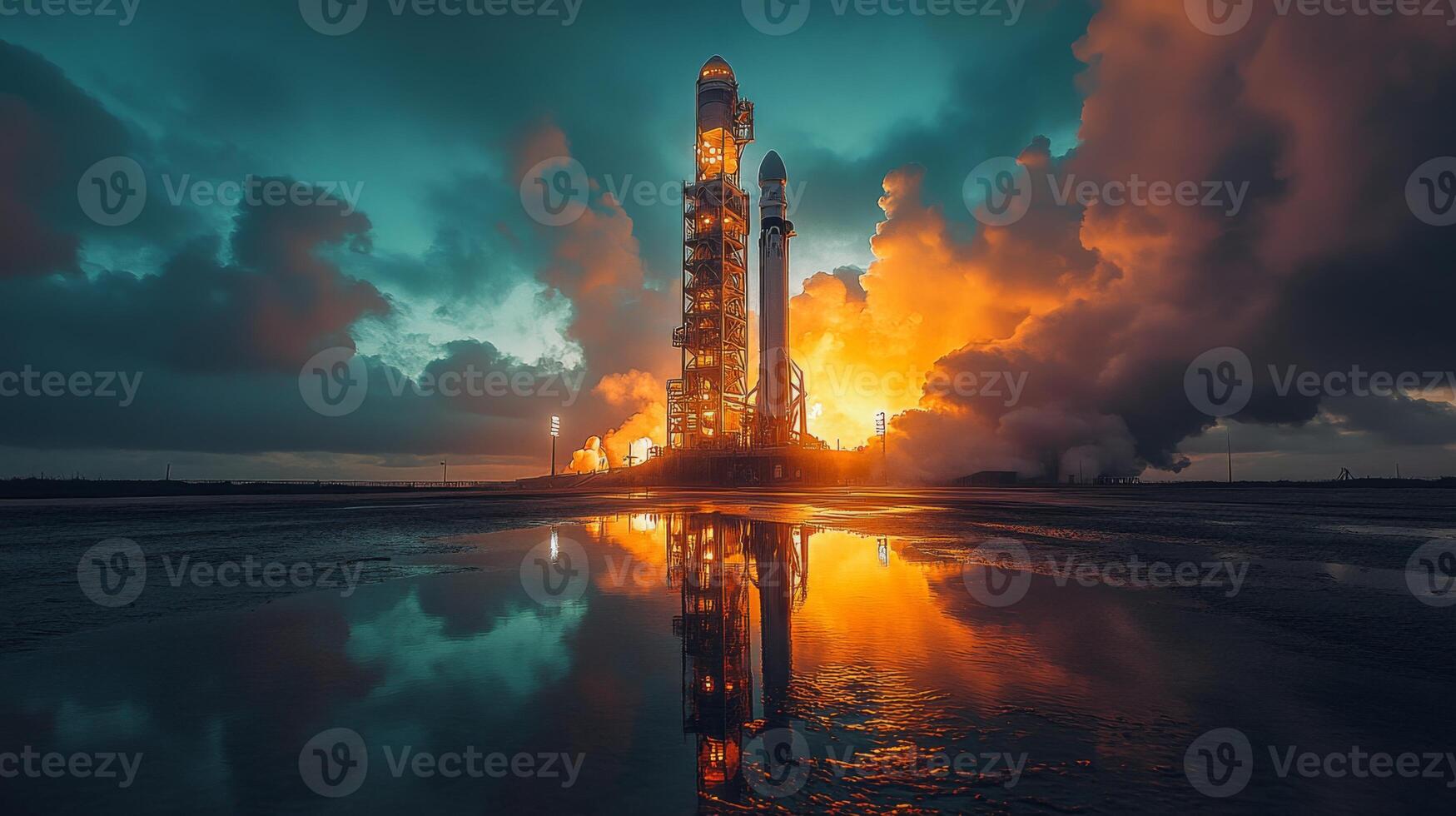 A rocket stands poised for launch as bright flames erupt from its engines, producing clouds of smoke against a colorful sky at dawn, reflecting in nearby water. photo