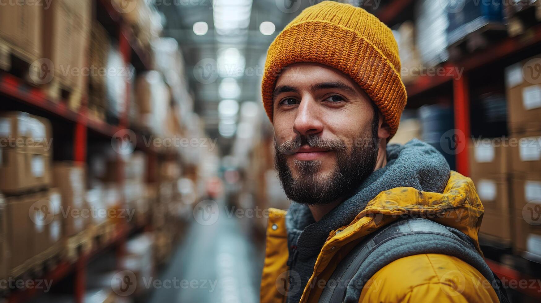 A worker confidently oversees inventory in a spacious warehouse filled with shelves of packed boxes. Bright lighting and organized aisles create an efficient logistics space. photo