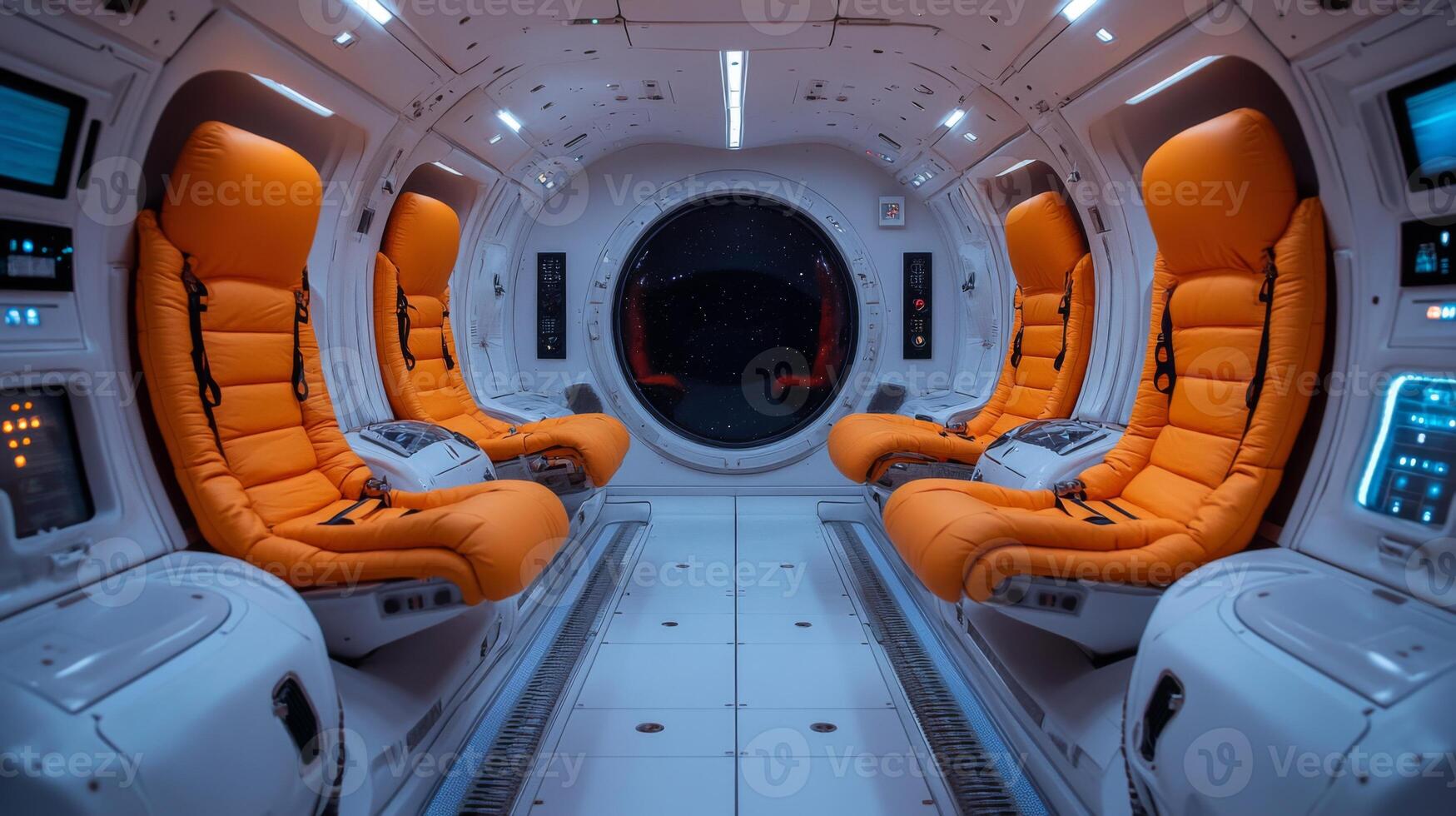 Bright orange seating fills the interior of a modern space capsule, designed for safe crew transport during missions. Control panels enhance the spacecraft's operational capability. photo