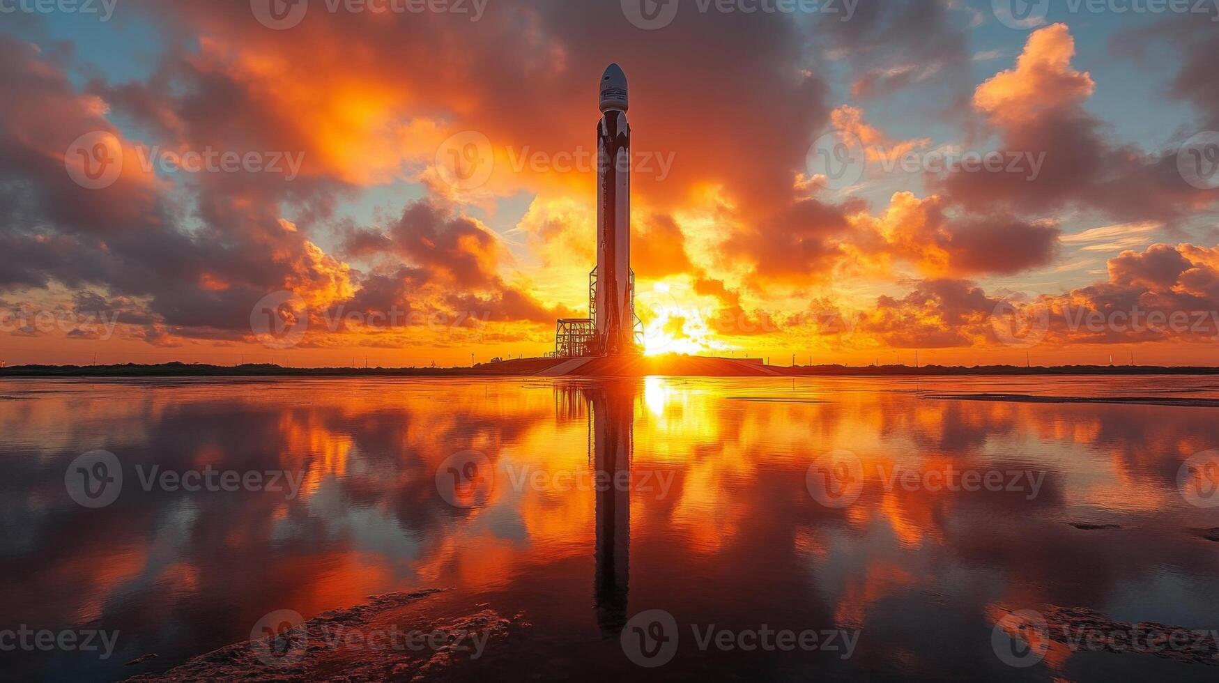 Rocket stands ready for launch, silhouetted against a vibrant sunset. The colorful sky reflects in the still waters, creating a breathtaking atmosphere at the launch site. photo