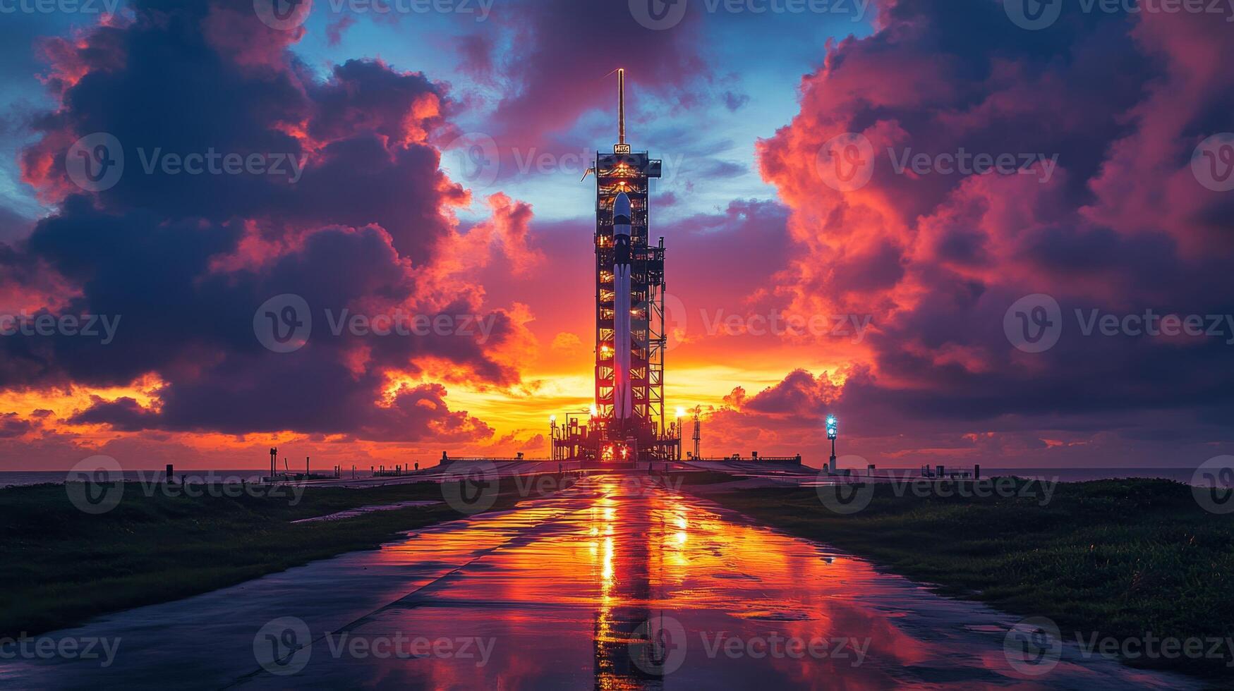 A striking launch pad stands tall against a vivid sunset, surrounded by colorful clouds and reflecting light on the wet pathway leading towards the ocean. photo