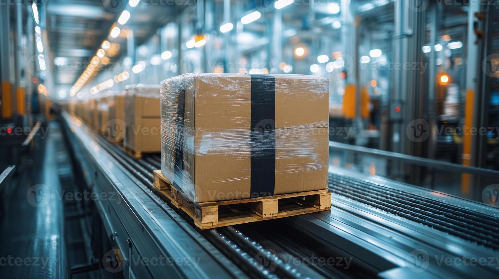 Wrapped boxes on a pallet, progress along a conveyor system in a busy warehouse focused on efficient inventory management and distribution operations at a logistics facility. photo