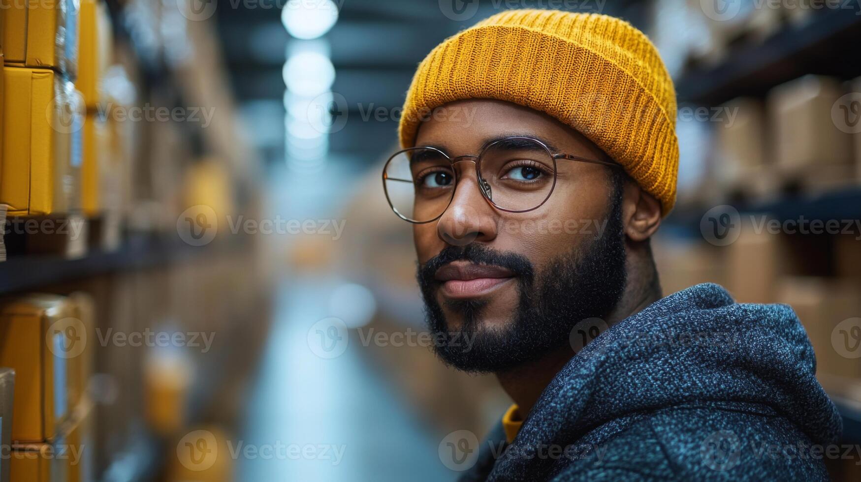 A man wearing a yellow beanie and glasses looks confidently at the camera while standing among shelves filled with neatly arranged boxes in a warehouse. photo