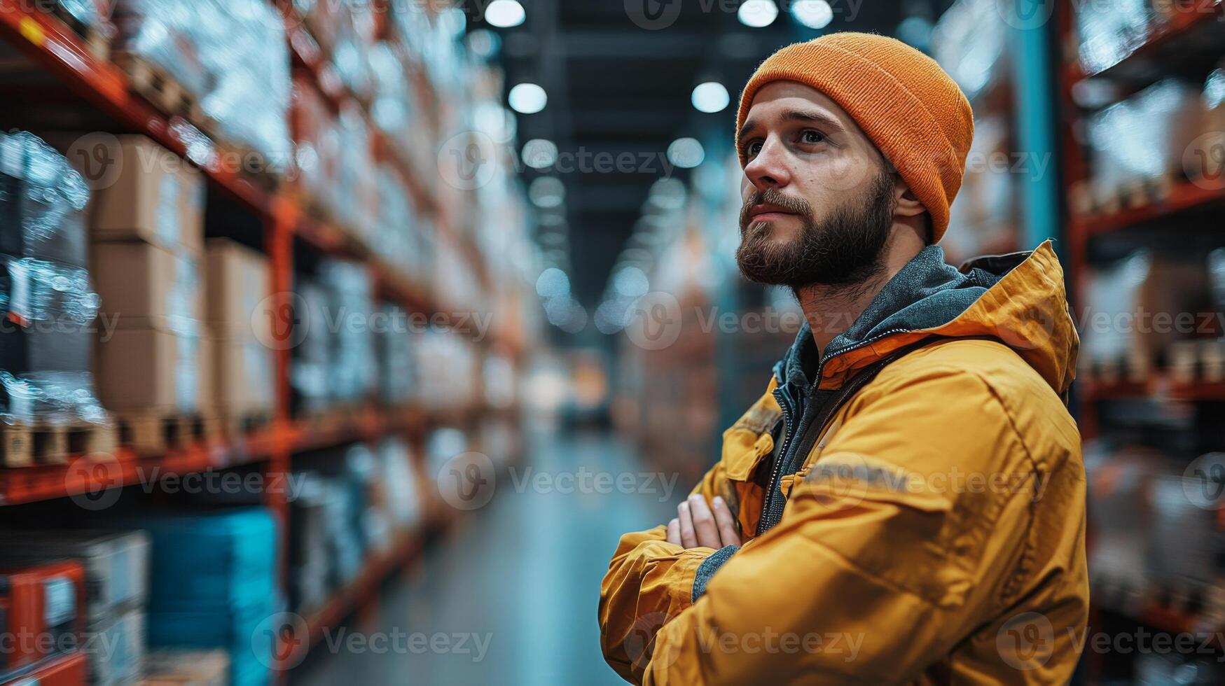 A worker in a bright yellow jacket and beanie stands with arms crossed, thoughtfully reviewing the inventory in a well organized warehouse filled with shelves of cargo. photo