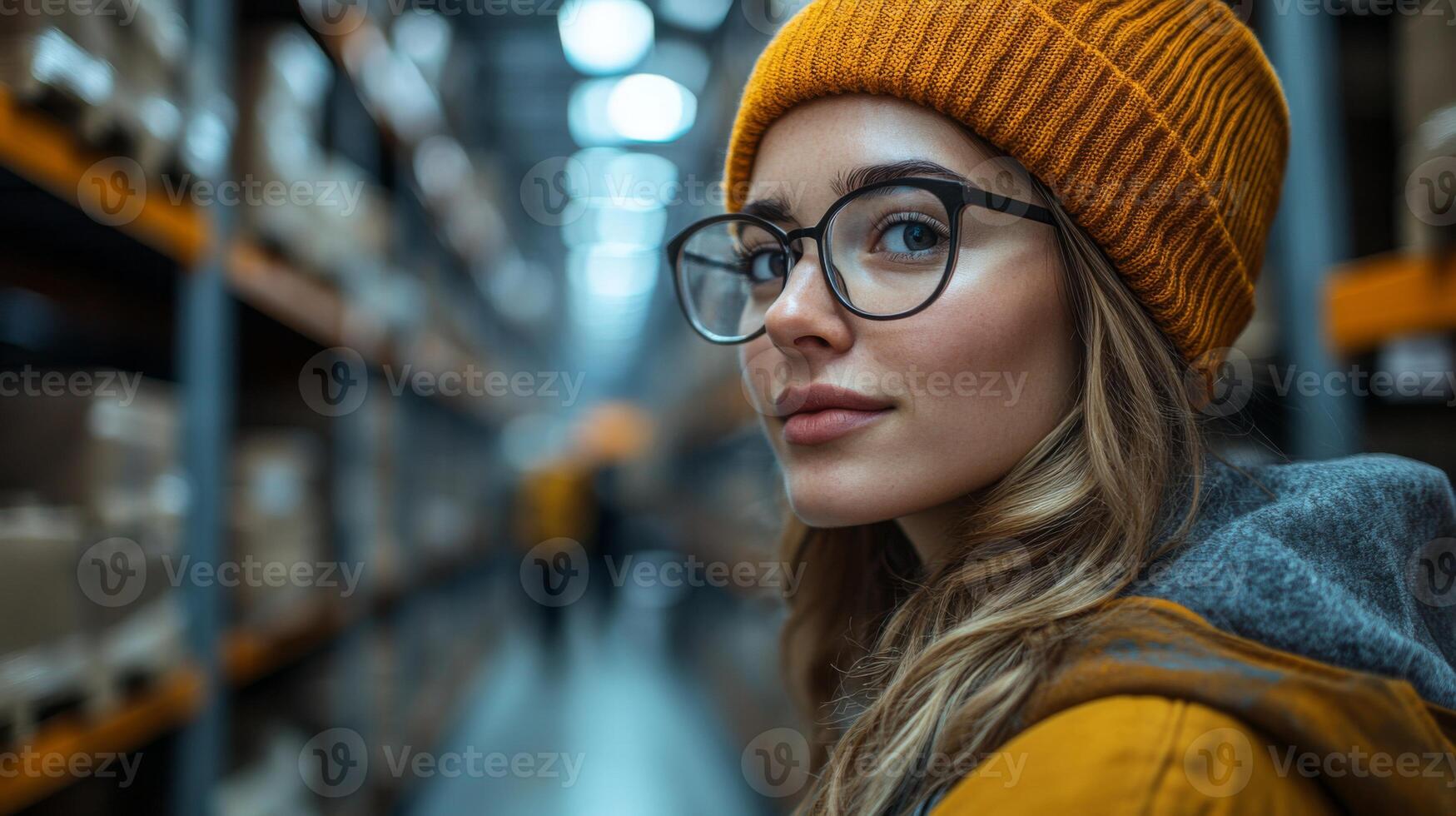 A young woman wearing glasses and a beanie stands in a warehouse aisle, observing her surroundings as workers sort and fulfill logistics tasks with various storage items. photo