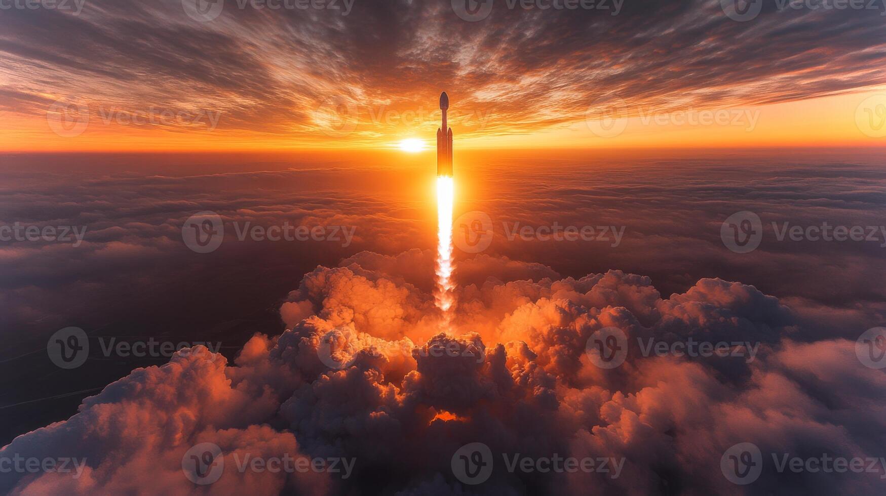 A rocket launches into the orange and purple sky at sunset, piercing through clouds with intense propulsion, illustrating the marvels of space exploration and recovery methods. photo