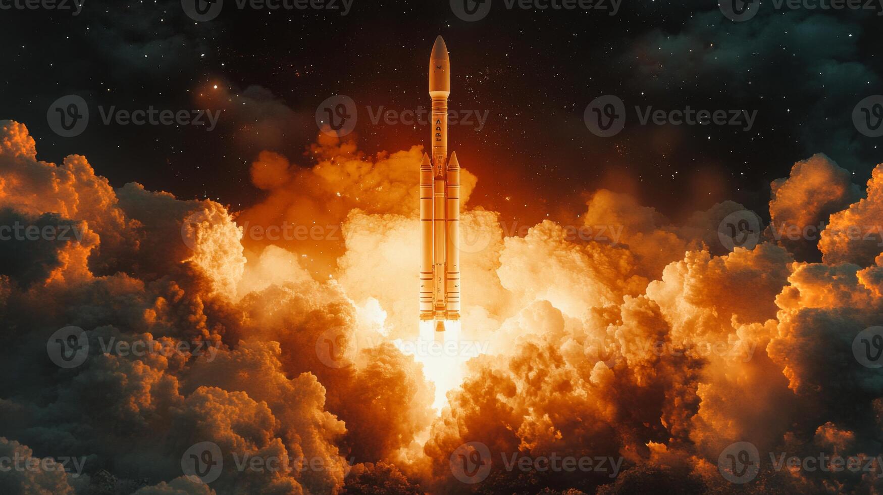 A powerful rocket lifts off from the launch pad, igniting its engines and creating a bright plume of fire and smoke against the night sky filled with stars. photo
