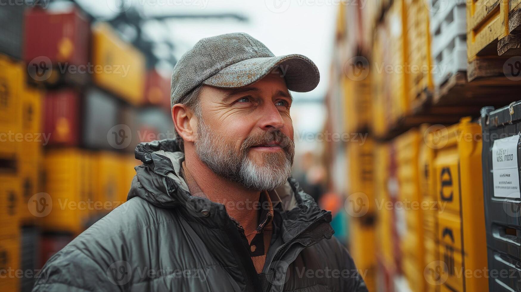 A man evaluates the organization of inventory in a busy warehouse filled with stacked crates, contributing to the efficiency of sorting and distribution in logistics operations. photo