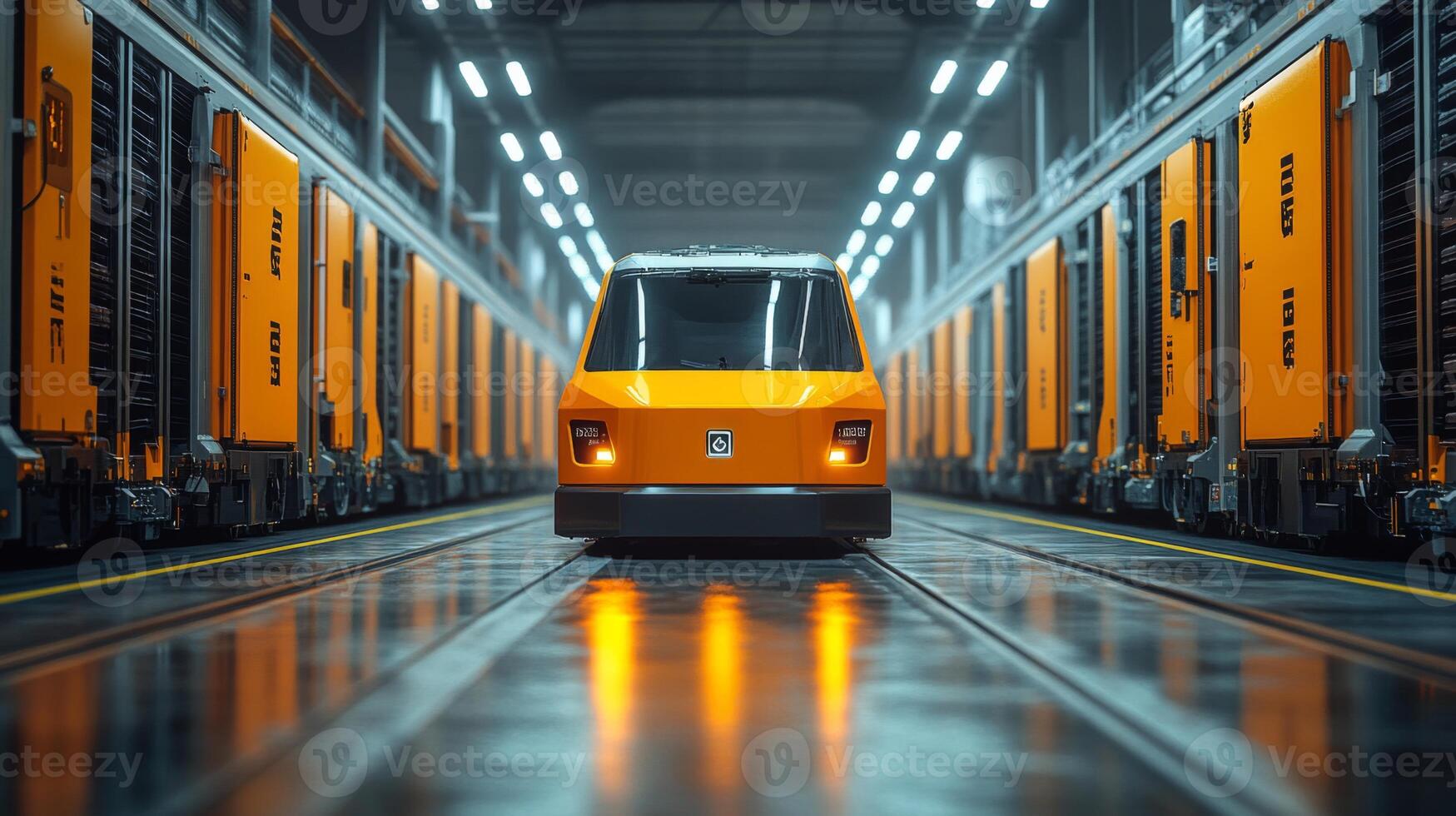 Inside a spacious warehouse, automated vehicles are positioned between rows of storage units, facilitating efficient sorting and distribution of inventory during peak hours. photo