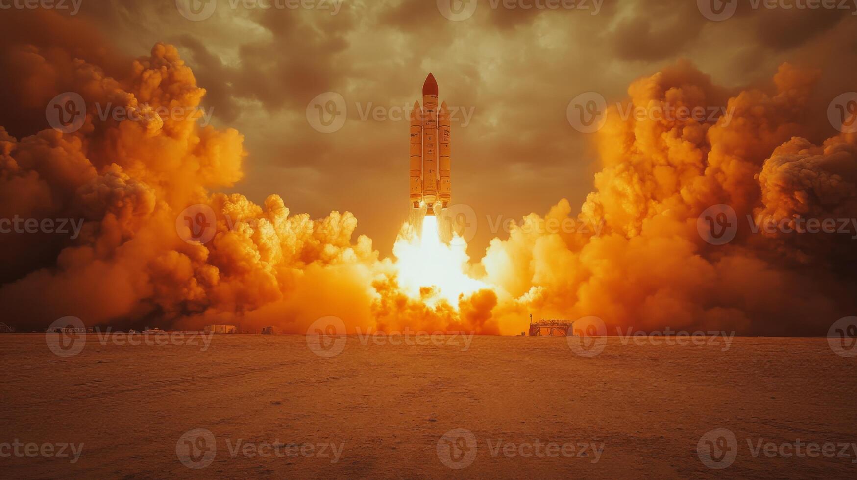 Bright flames and thick smoke erupt from a rocket as it lifts off from the launchpad, heading into the cloudy sky, showcasing the power of propulsion and the excitement of space exploration. photo