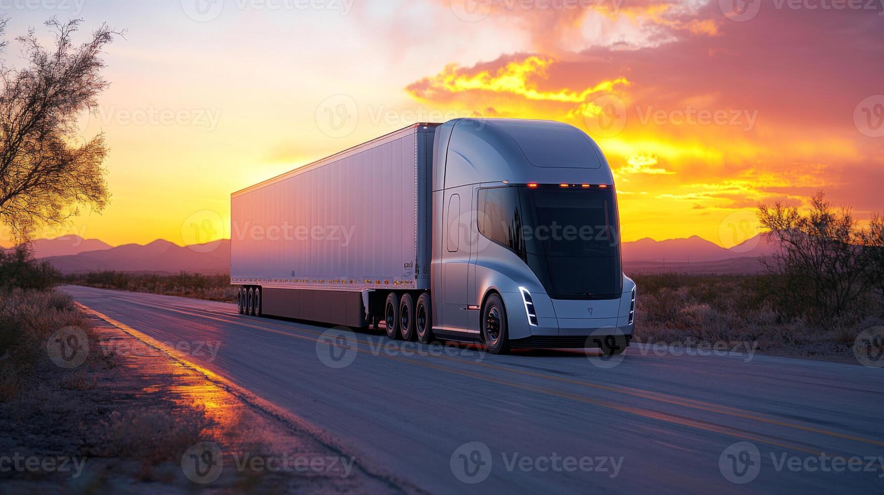 A heavy duty truck drives along a rural road during sunset, surrounded by open terrain and distant mountains, indicative of a logistics and transport operation. photo