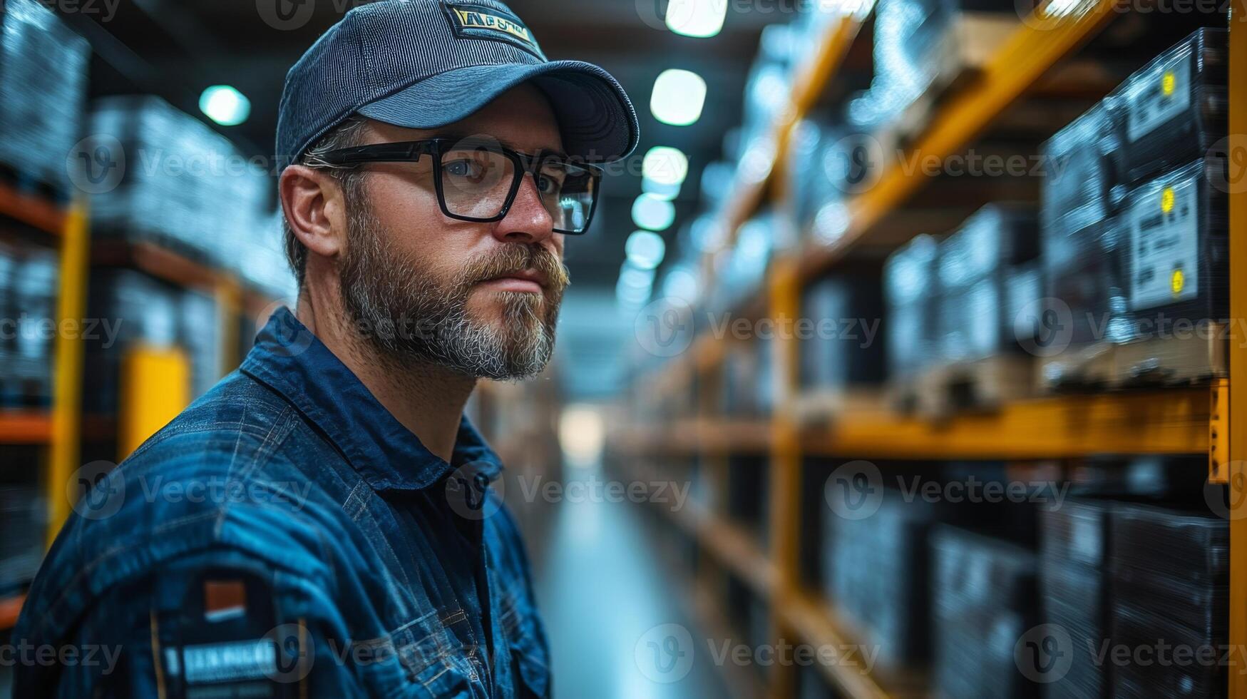 A logistics worker is sorting and managing inventory in a spacious warehouse filled with shelves of boxes. The setting shows a busy distribution hub focusing on efficiency. photo