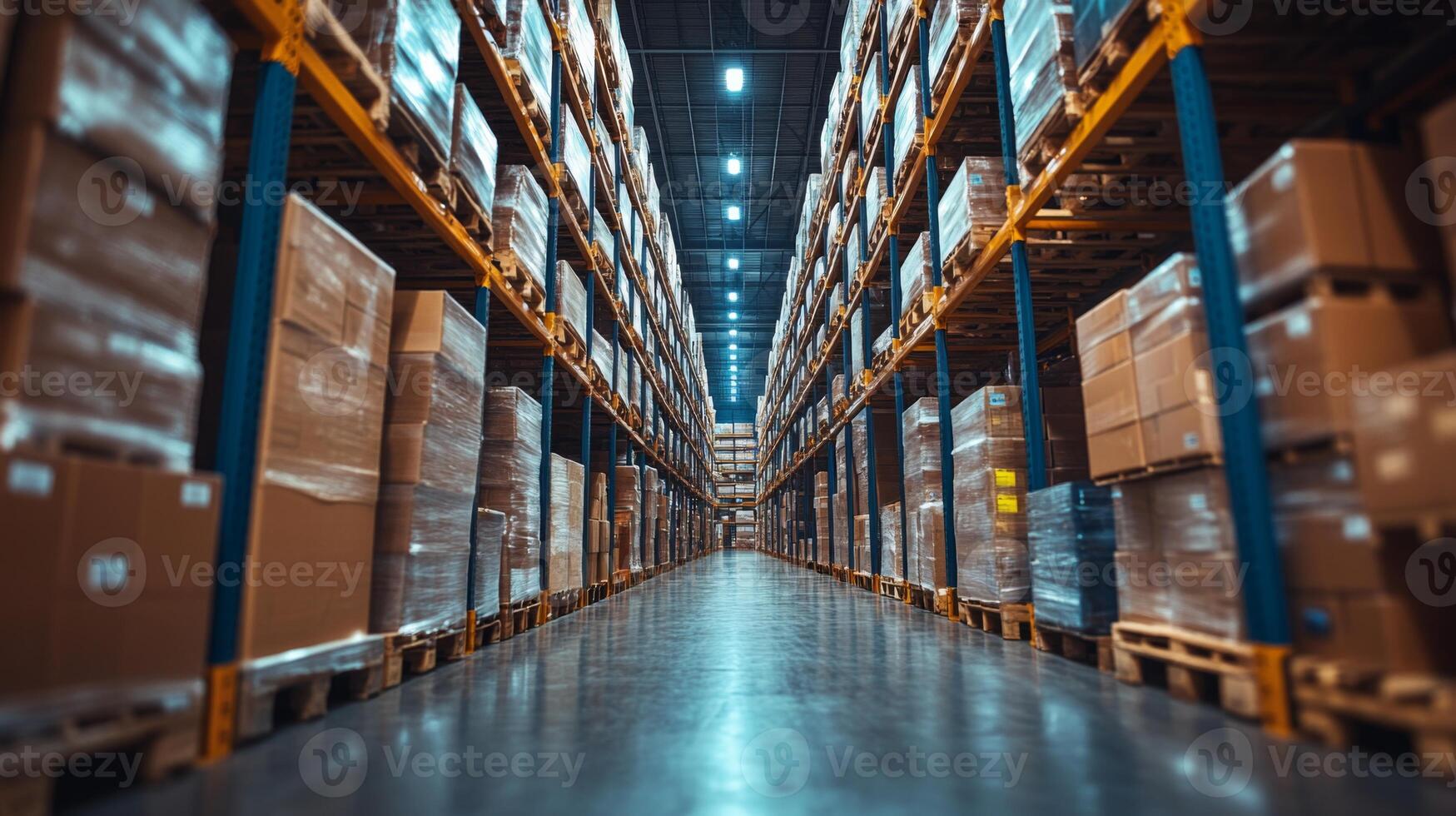 An expansive warehouse featuring well organized shelves filled with boxes and pallets. Bright overhead lights illuminate the aisle, enhancing visibility for inventory management. photo