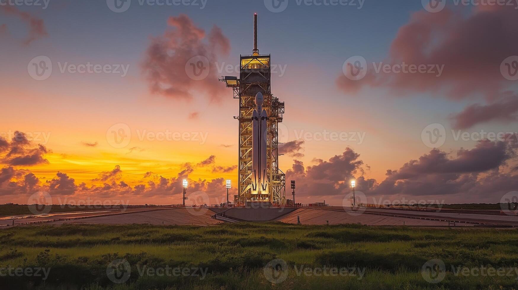 A rocket launch pad stands tall against a vibrant sunset, with clouds reflecting oranges and purples, highlighting preparations for upcoming space missions and advancements in aerospace technology. photo