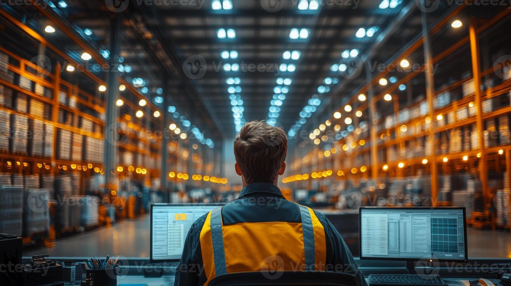 A logistics coordinator is seated at a workstation with multiple screens, overseeing inventory management and planning within a vast warehouse filled with illuminated cargo racks. photo