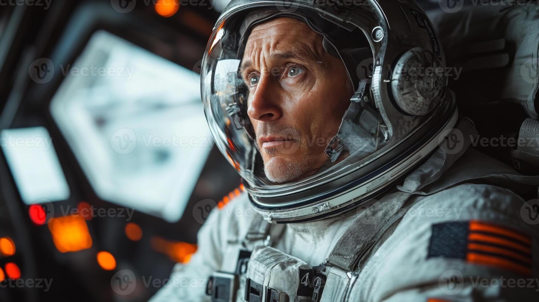 Astronaut focuses intently on controls inside the spacecraft, preparing for an important launch. Systems checks are ongoing as the team readies for the upcoming space mission. photo