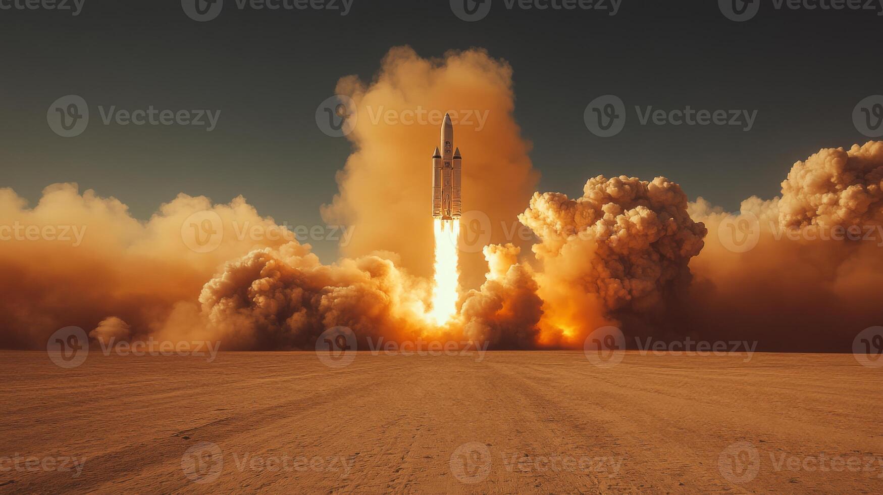 A powerful rocket ascends into the atmosphere from a dry desert facility, evoking awe with its bright flames and dense smoke. The launch highlights advancements in aerospace technology. photo