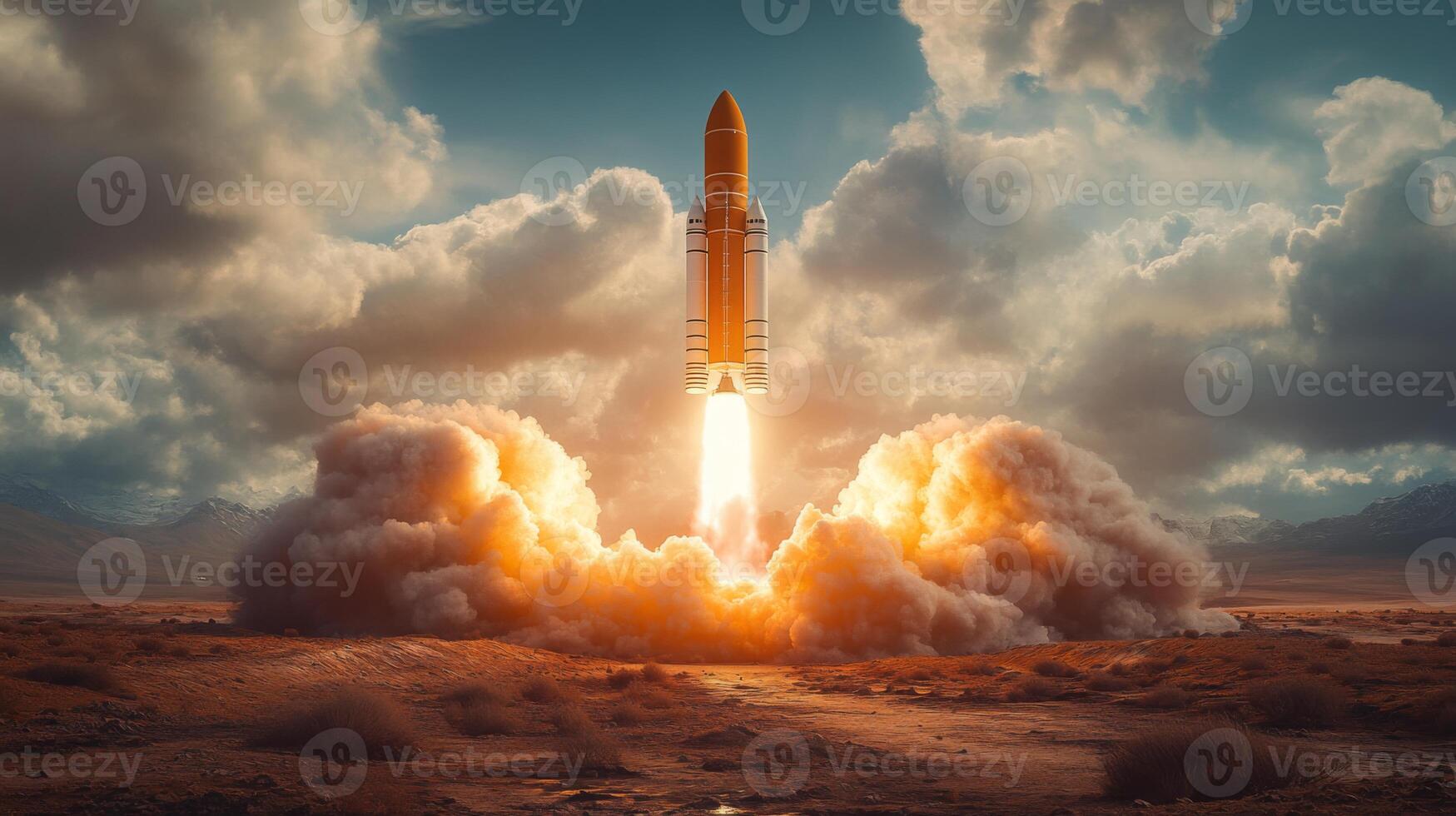 A rocket is ascending high into the atmosphere, powered by intense propulsion. photo