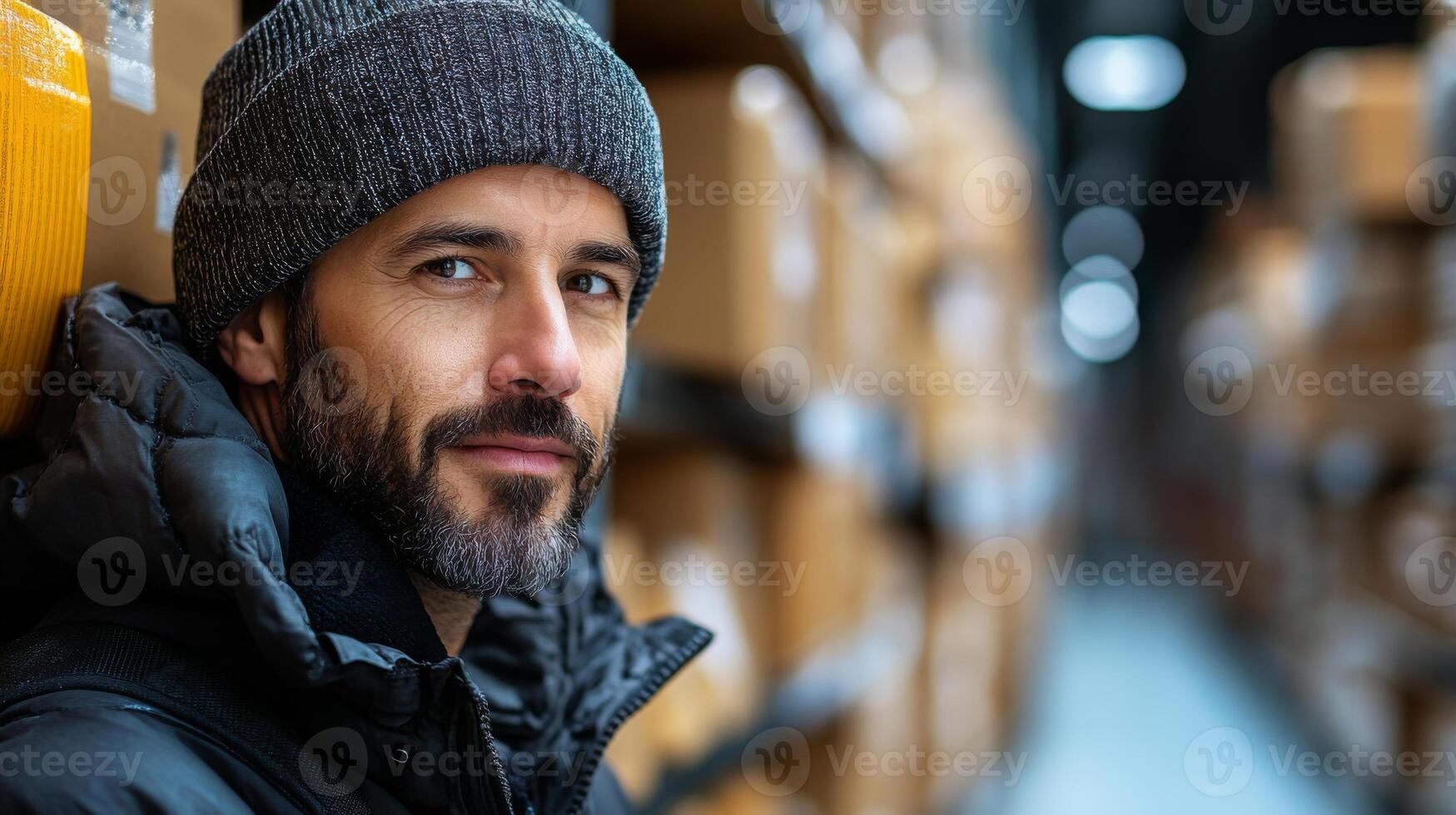 A logistics worker in warm clothing stands near stacked cardboard boxes in a warehouse. The individual appears focused on the ongoing operations and fulfillment tasks. photo