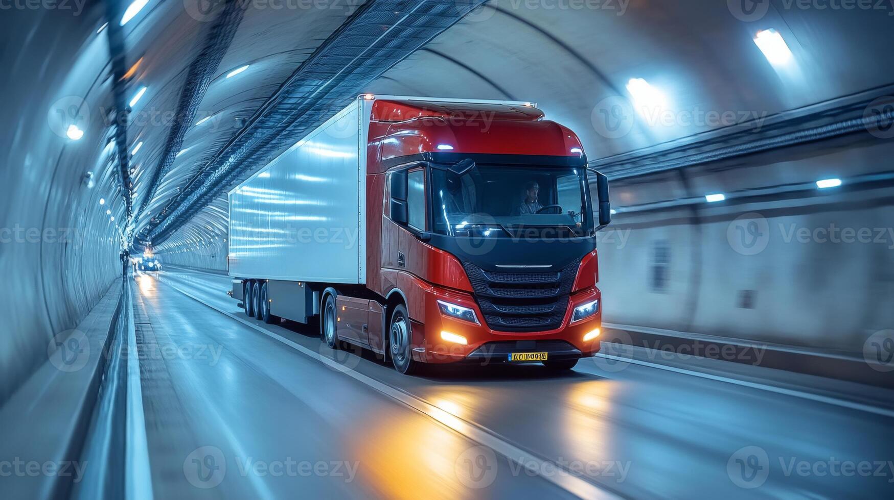 A transport truck moves swiftly through a brightly illuminated tunnel, exemplifying the logistics and distribution process. This nighttime operation highlights efficient freight transport. photo