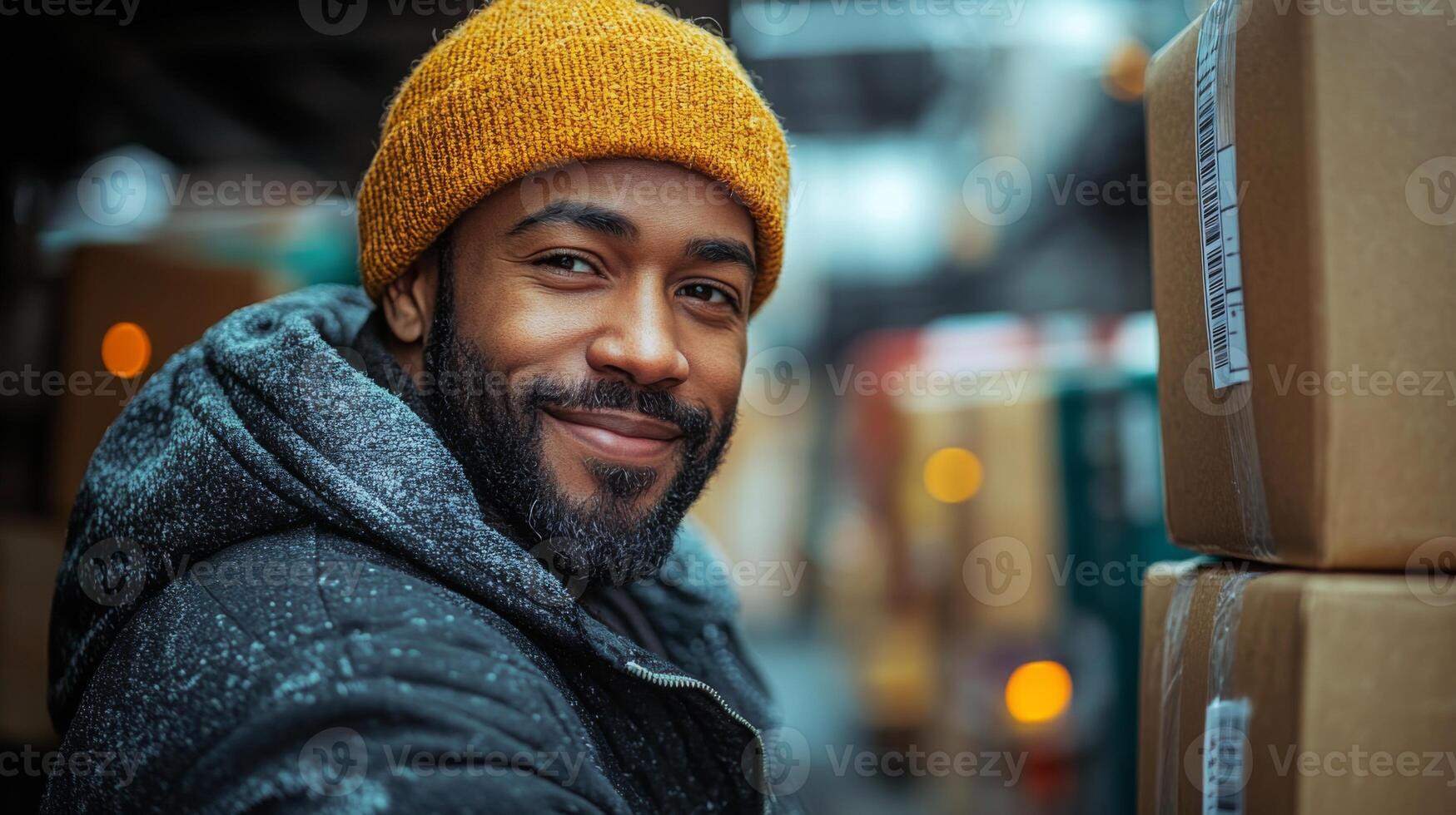 A worker wearing a yellow beanie and jacket smiles while checking inventory in a well organized warehouse, surrounded by neatly stacked boxes and soft, ambient lighting. photo