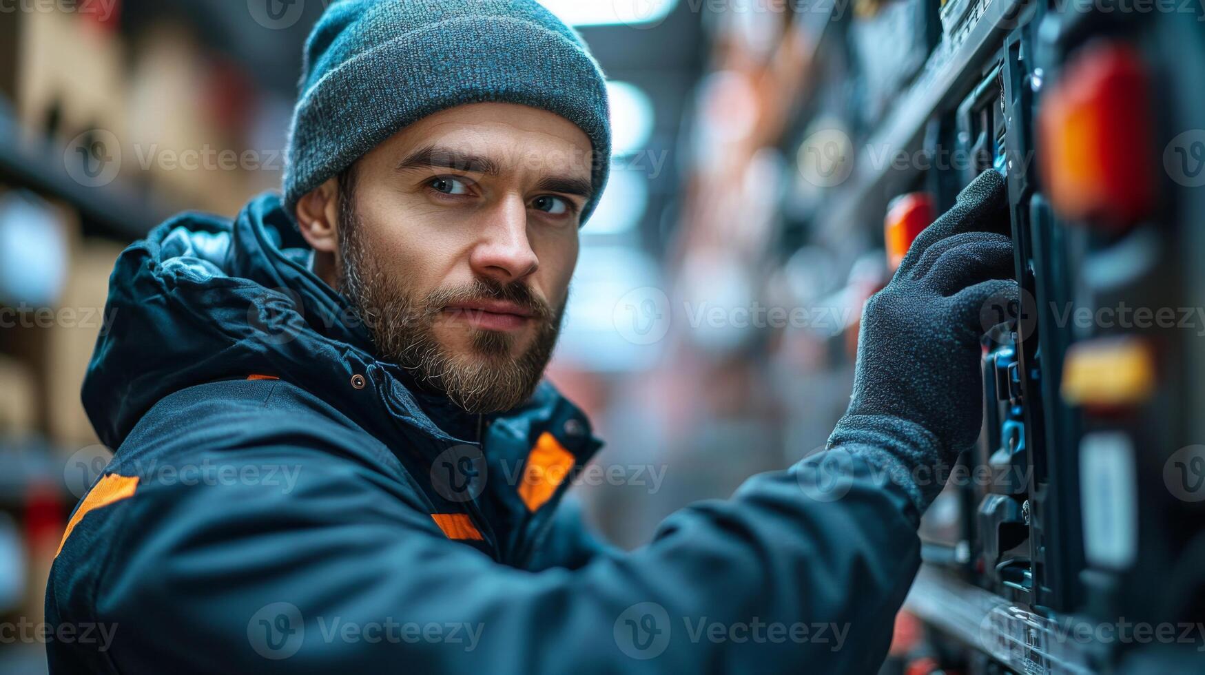 A worker monitors equipment in a logistics facility, ensuring efficient operation and proper inventory management amid the bustling warehouse atmosphere. photo